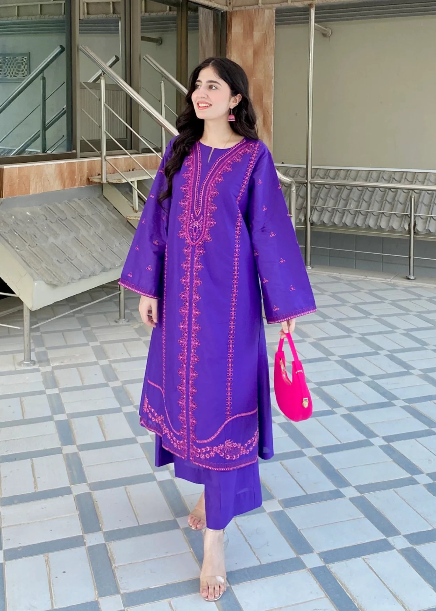 lawn Kurta Set in Electric purple