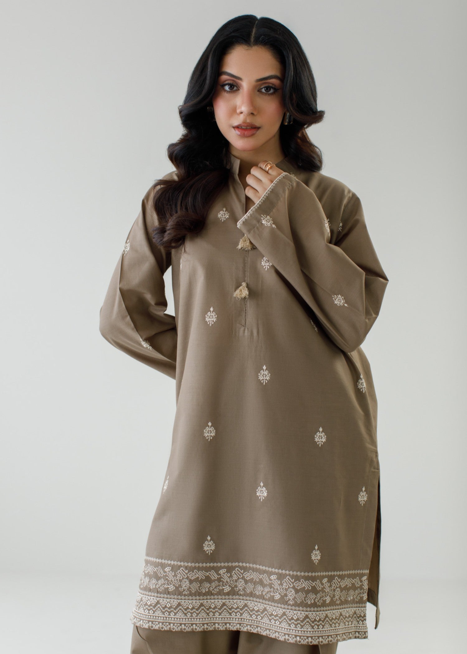 cambric Kurta Set in Camel brown