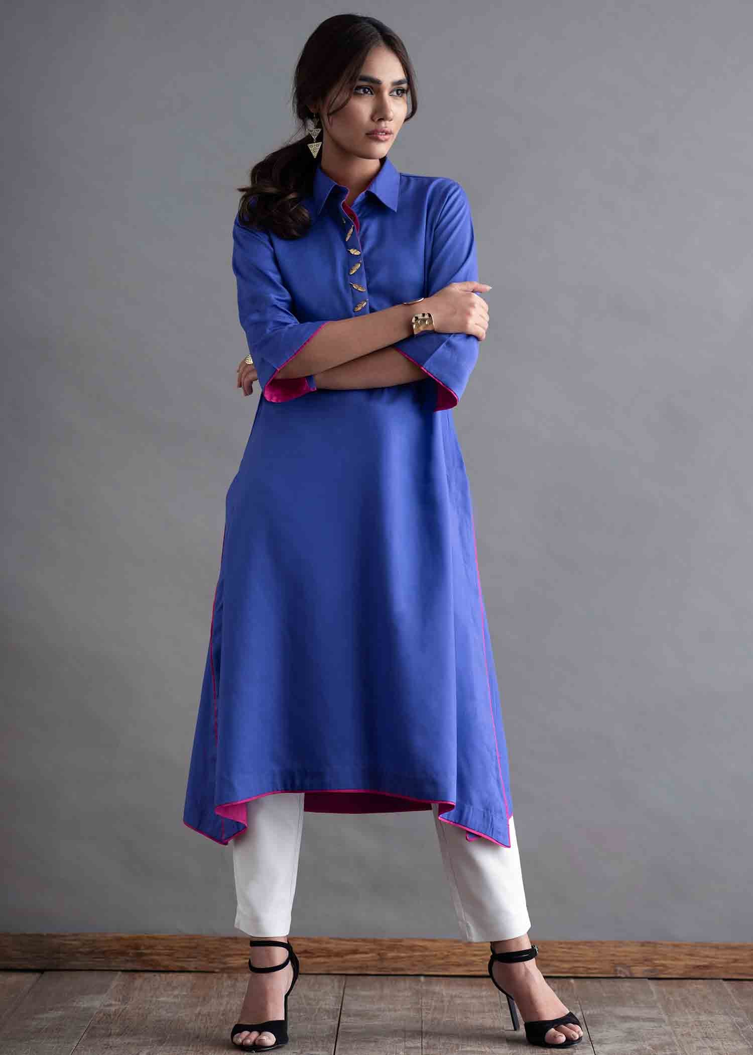 cotton satin Kurta Set in Purple