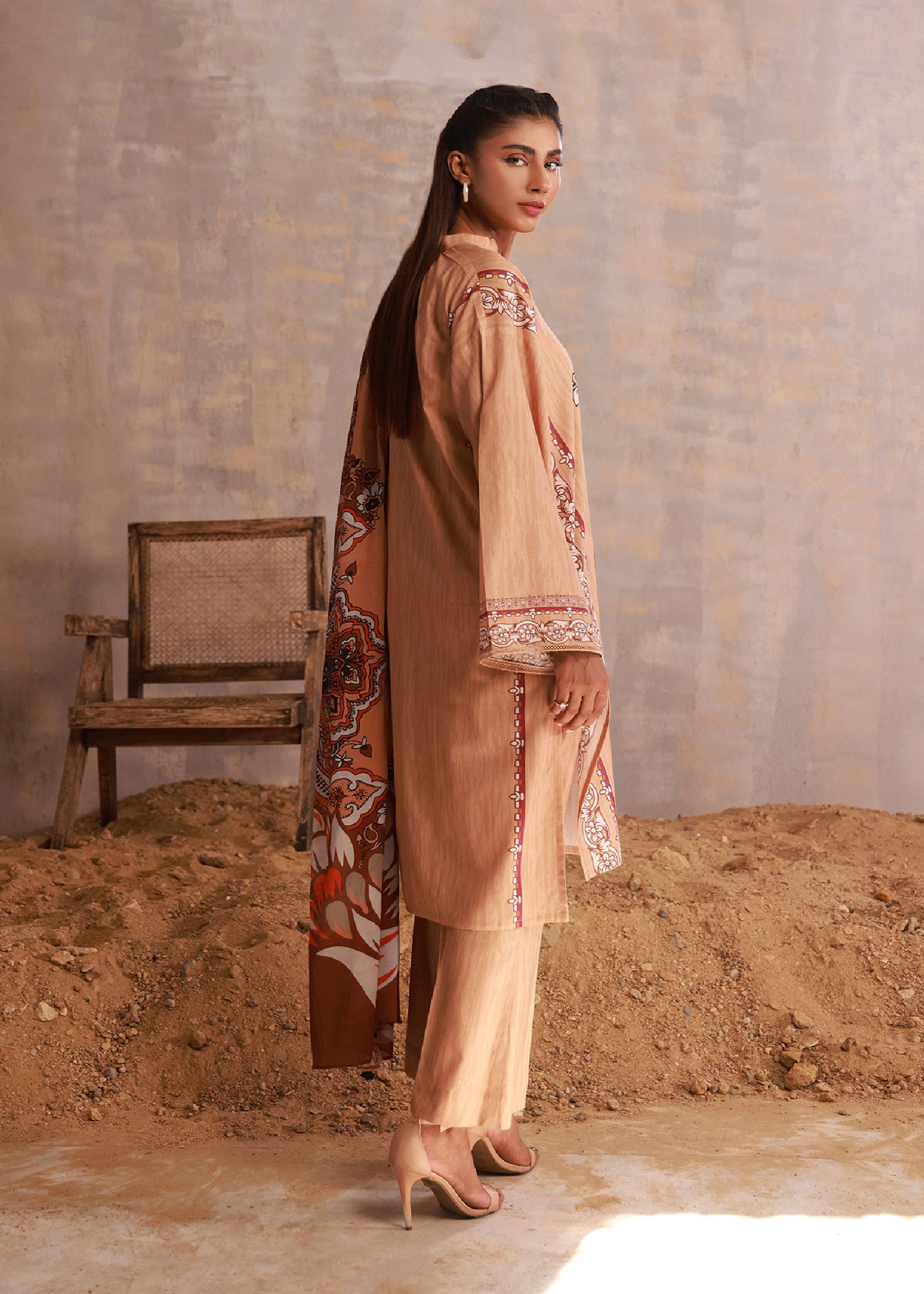 cambric Kurta Set in Peach pink