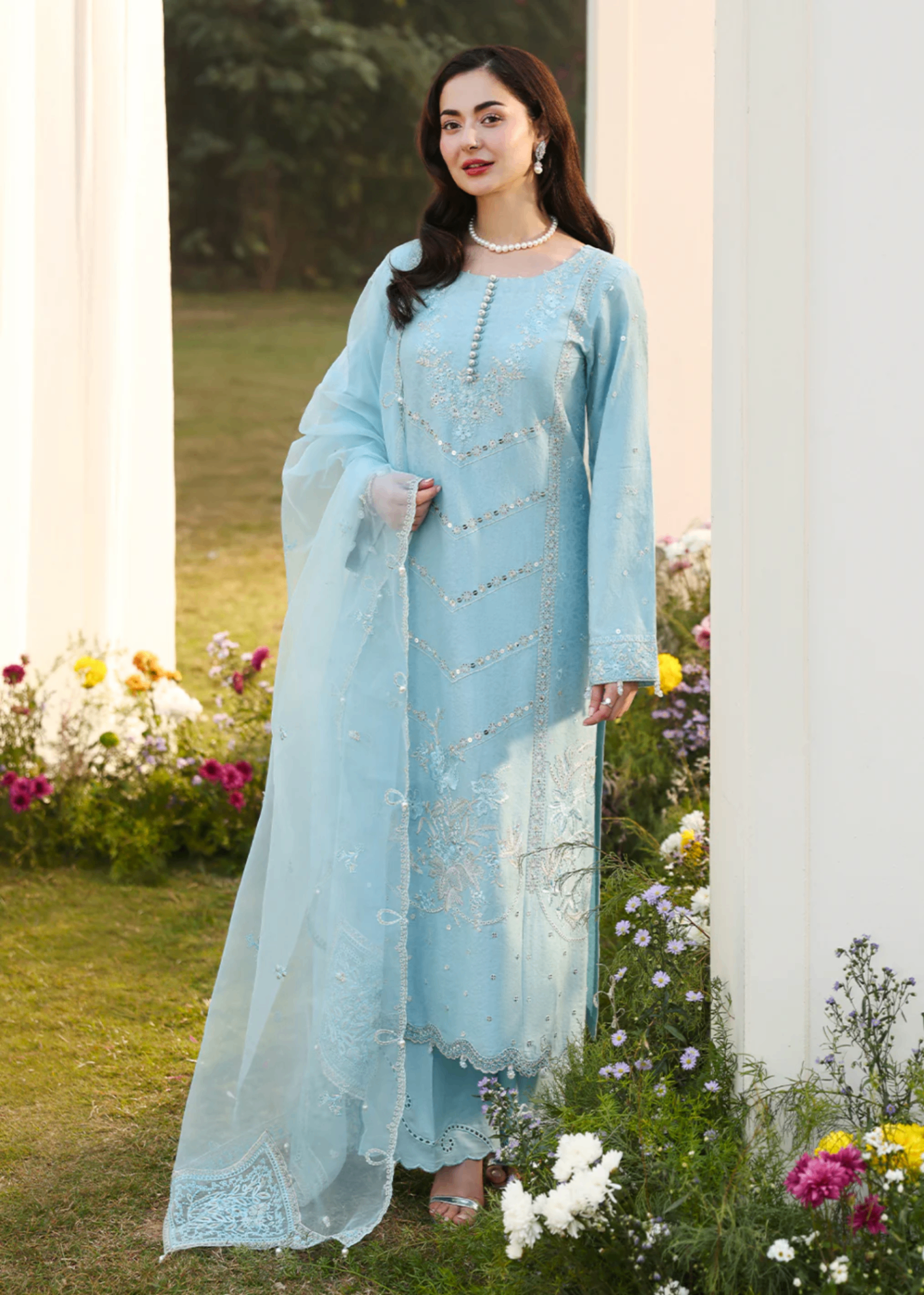 jacquard Kurta Set in Sky