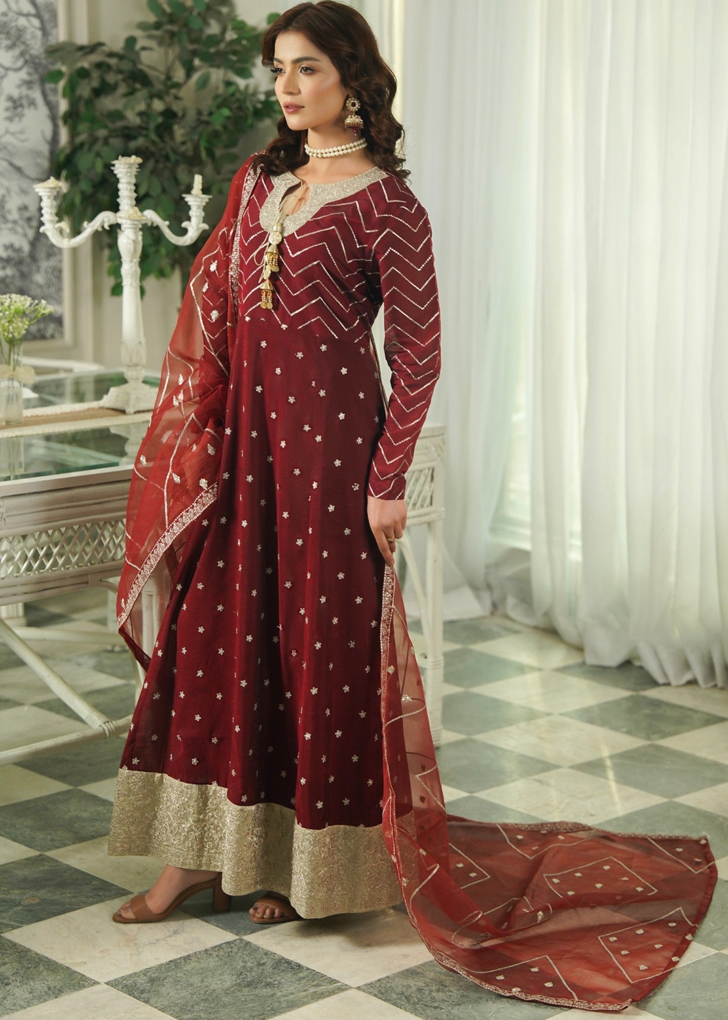 paper lawn Pishwas in Maroon