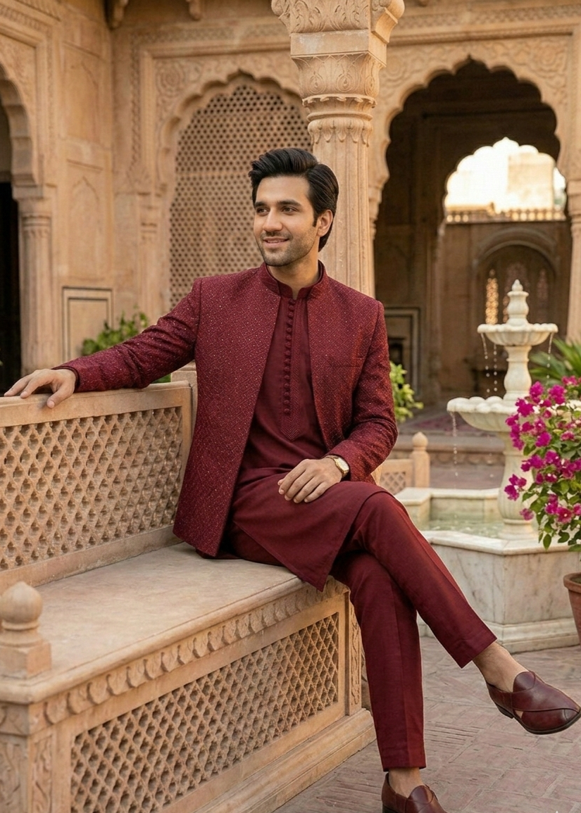 silk Prince Coat in Maroon