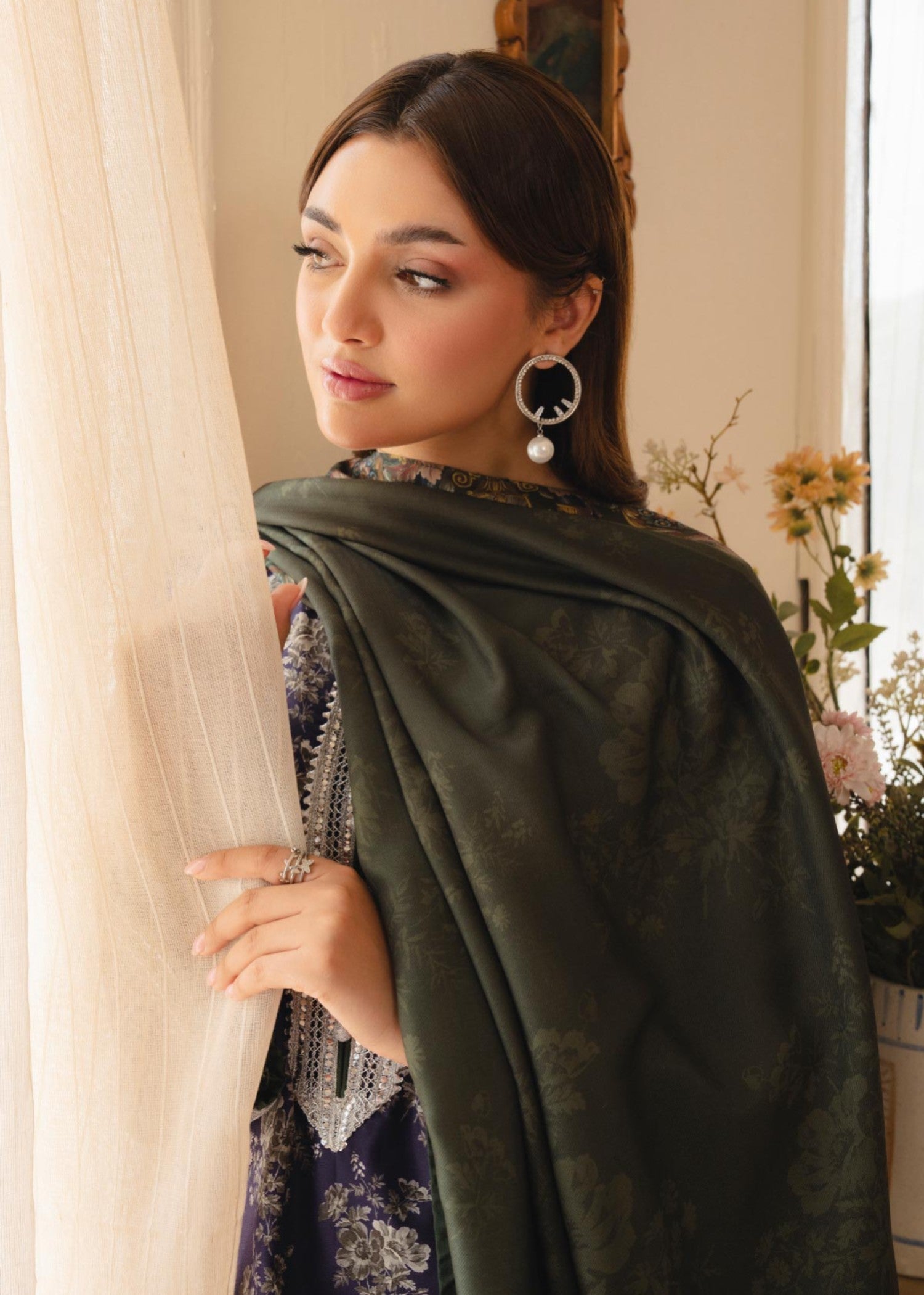 twill khaddar Kurta Set in Avocado green, deep purple