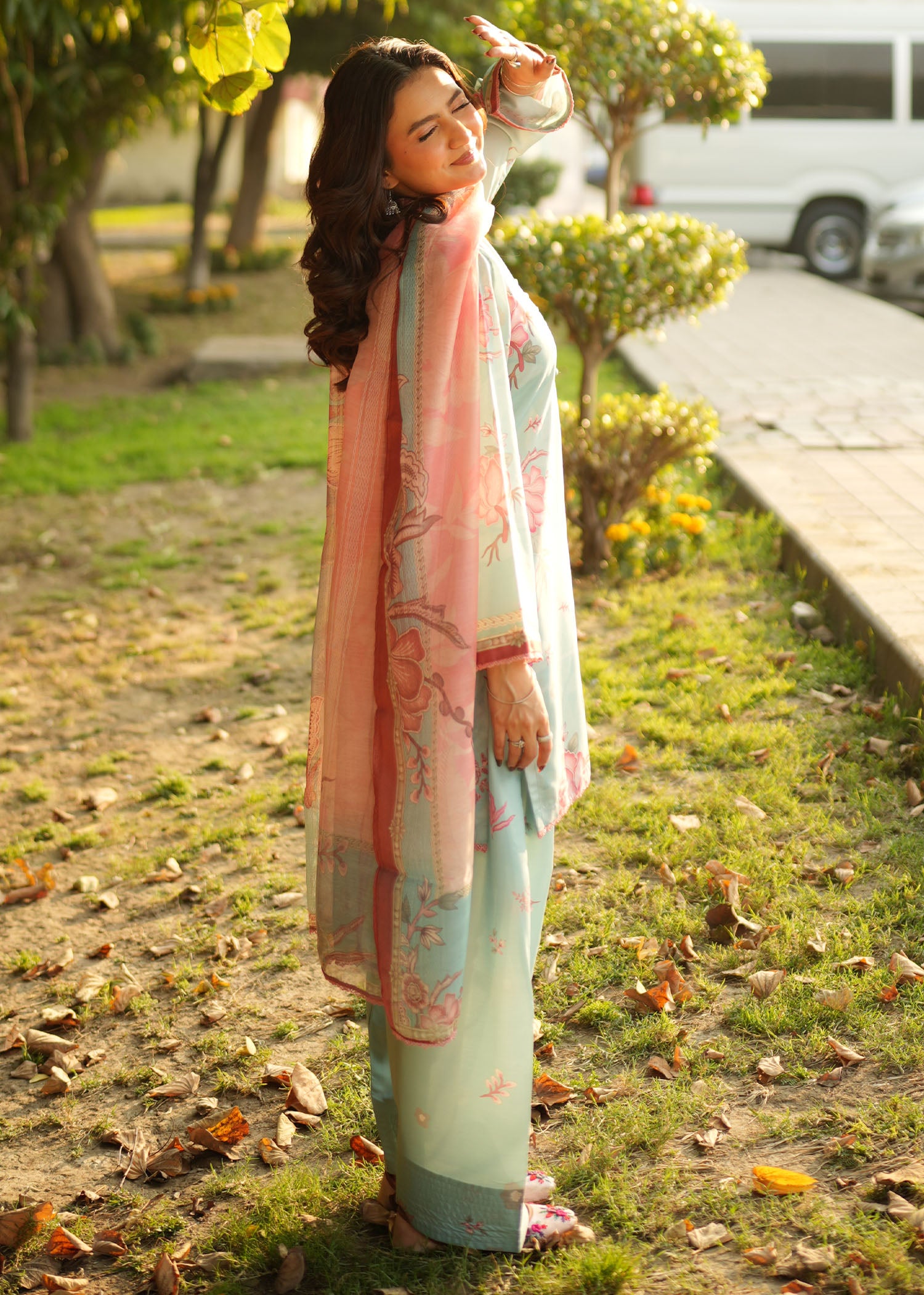 silk finish lawn Kurta Set in Sky blue