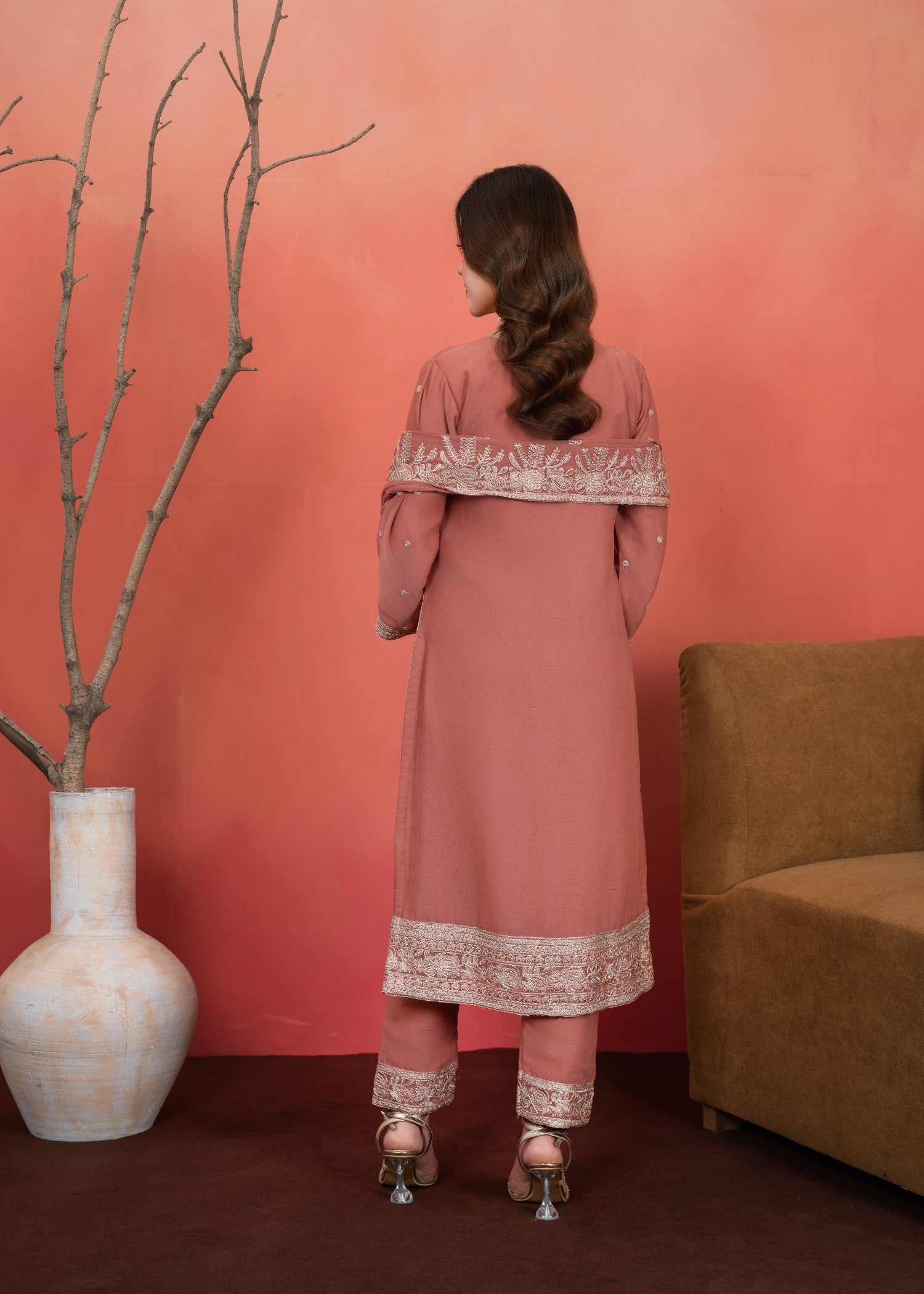 chiffon Kurta Set in Melon pink