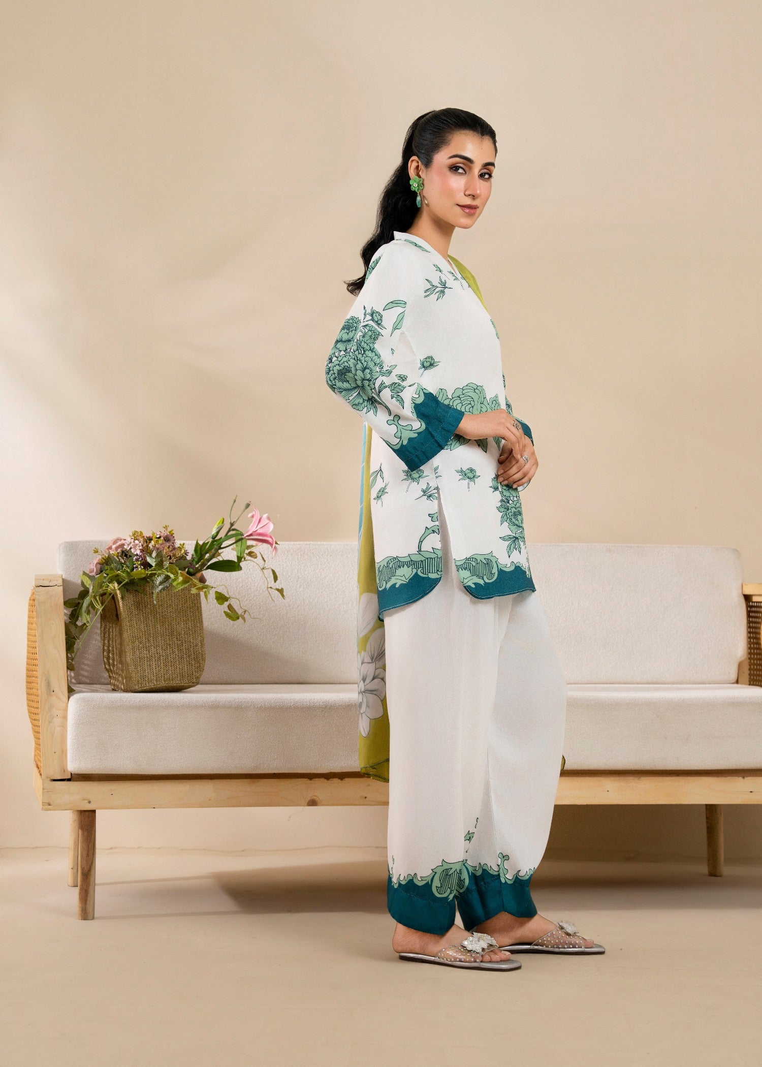poly lawn Kurta Set in White, emerald green