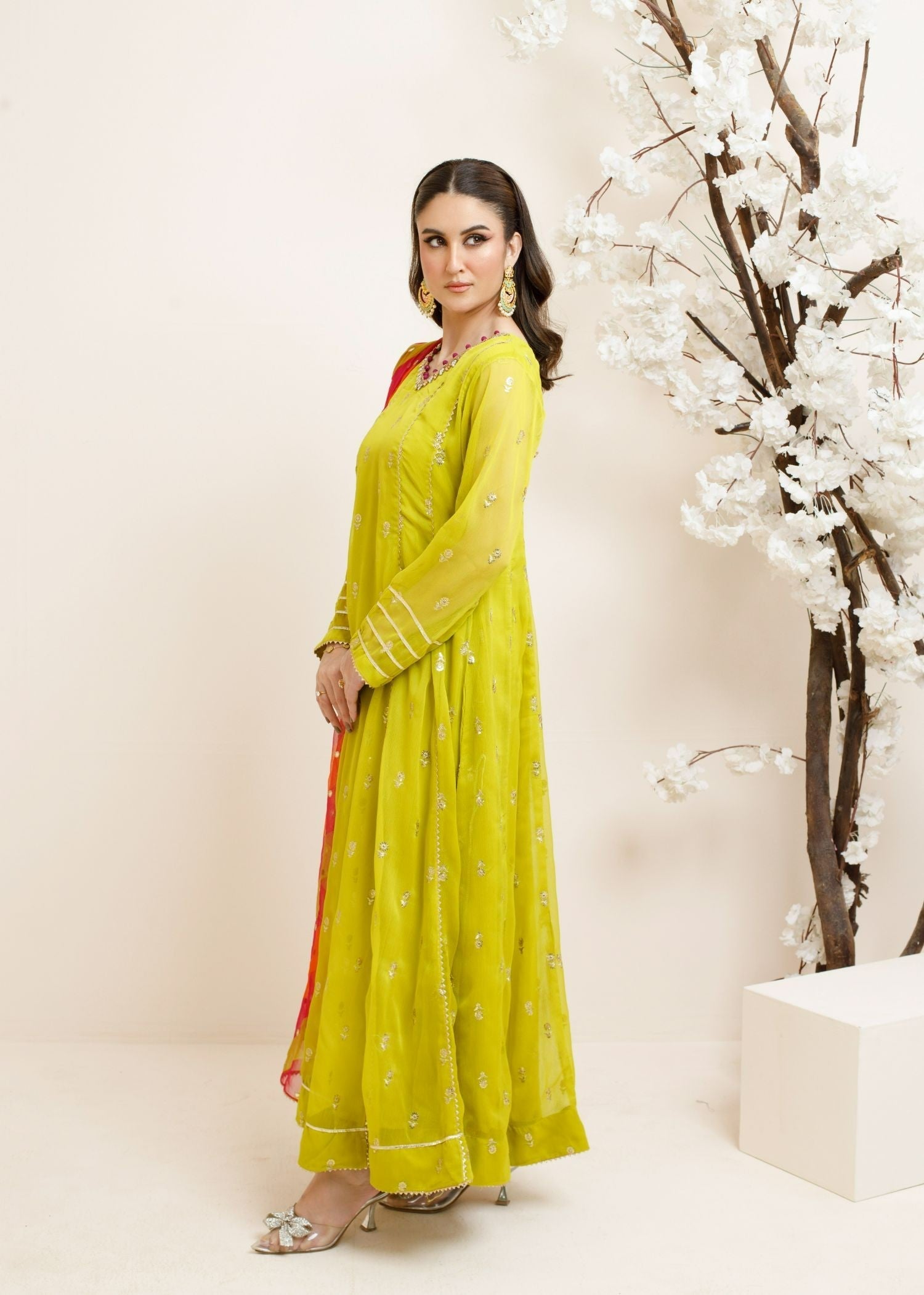 chiffon Anarkali in Apple green