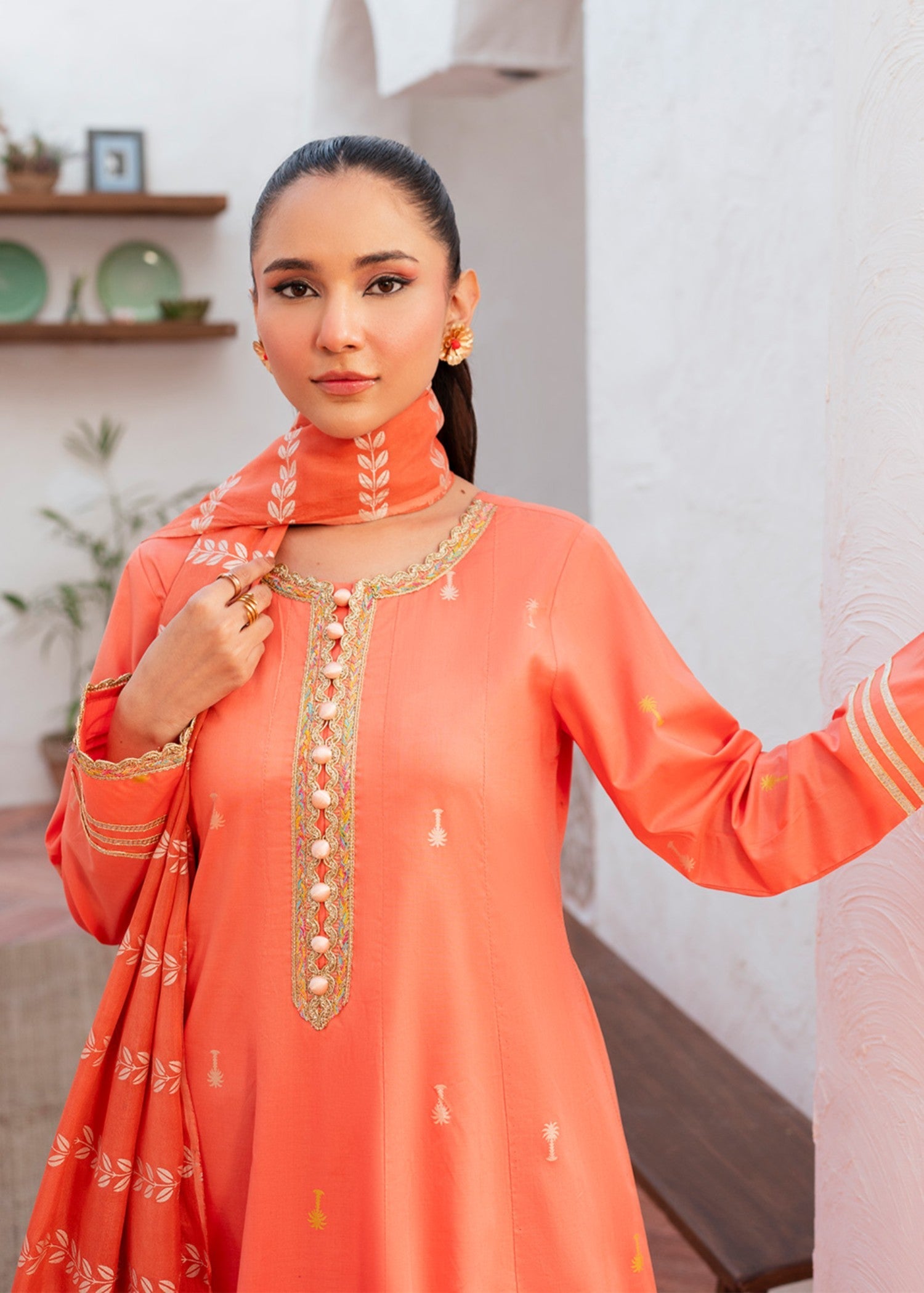 lawn cotton Pishwas in Coral pink