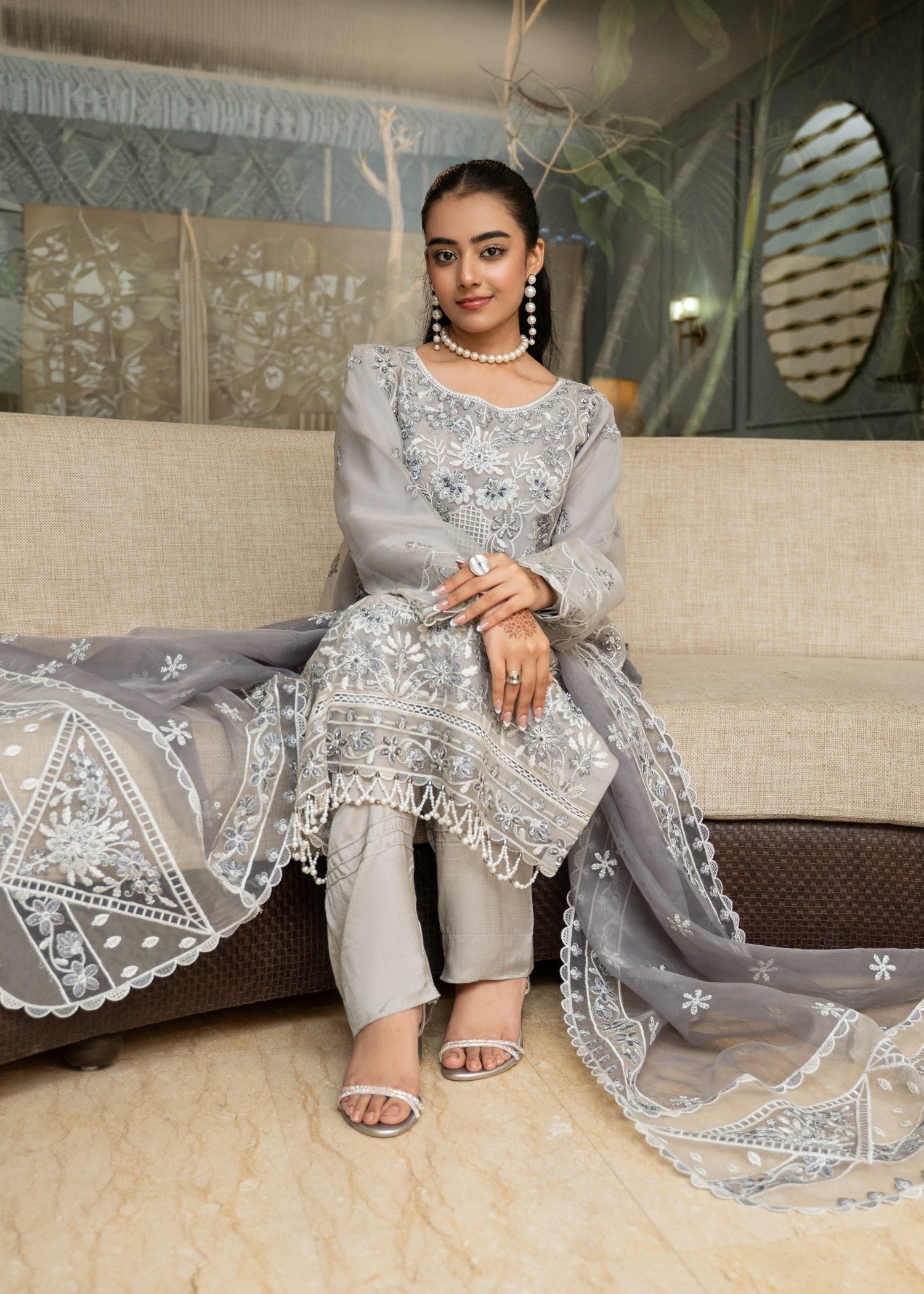 organza Kurta Set in Grey