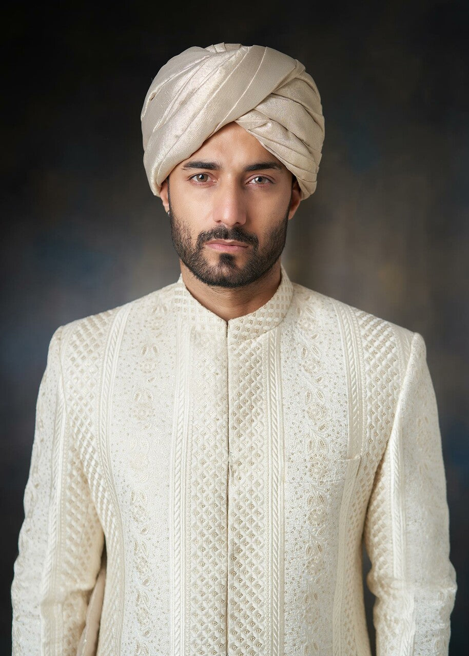 viscose raw silk Sherwani in Ivory