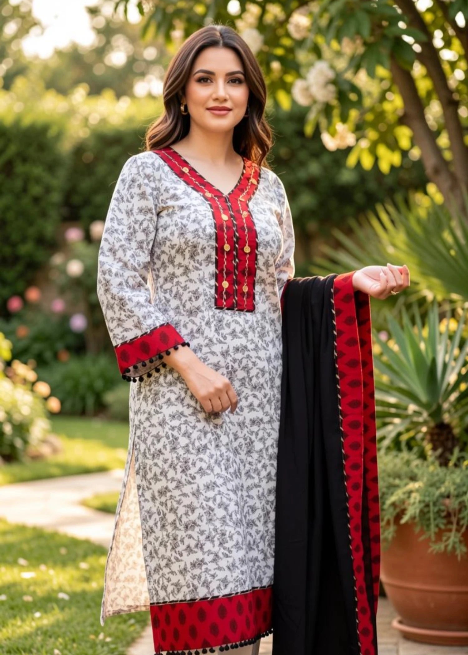 lawn Kurta Set in Black, white, red