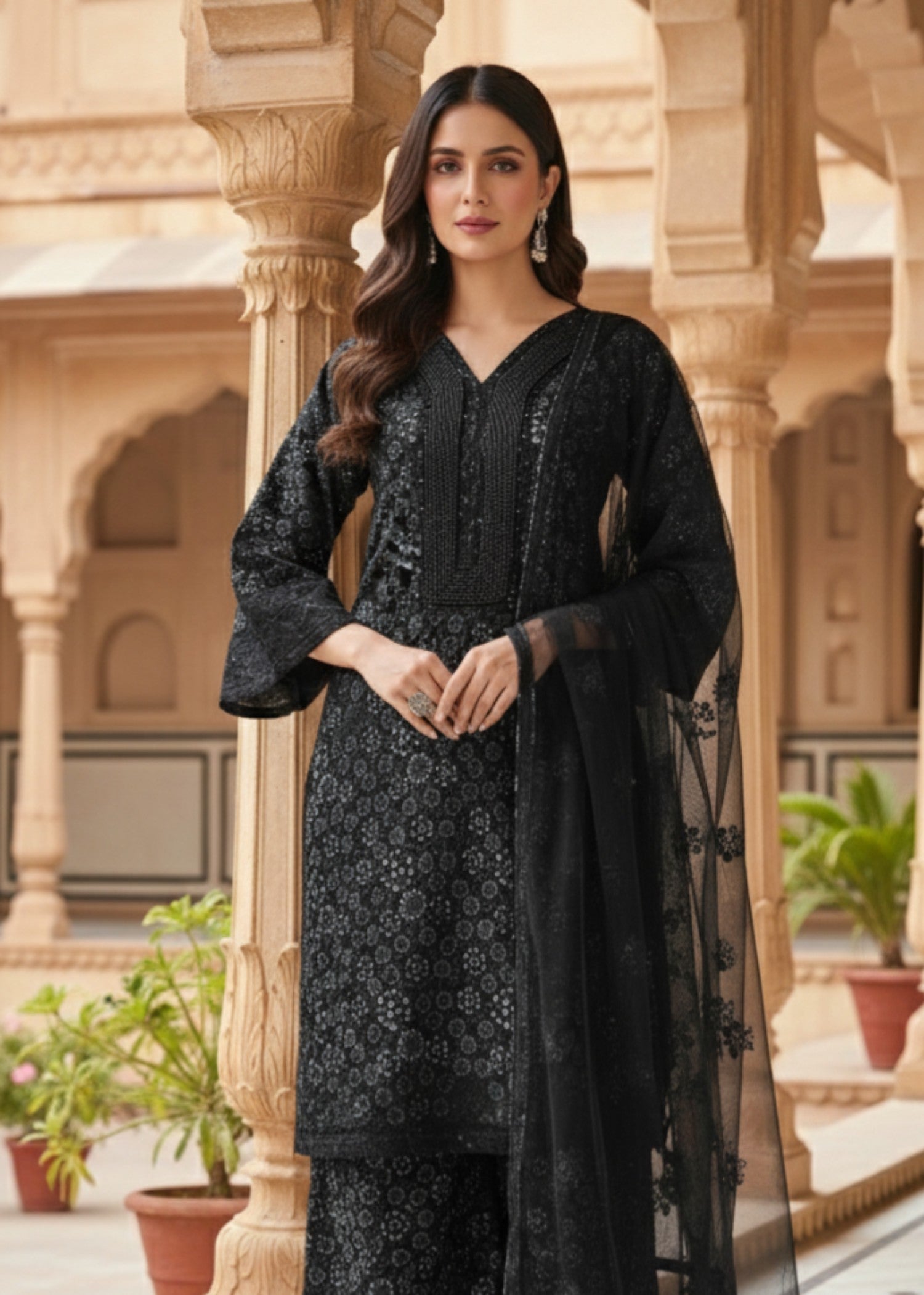 polyester net Kurta Set in Black