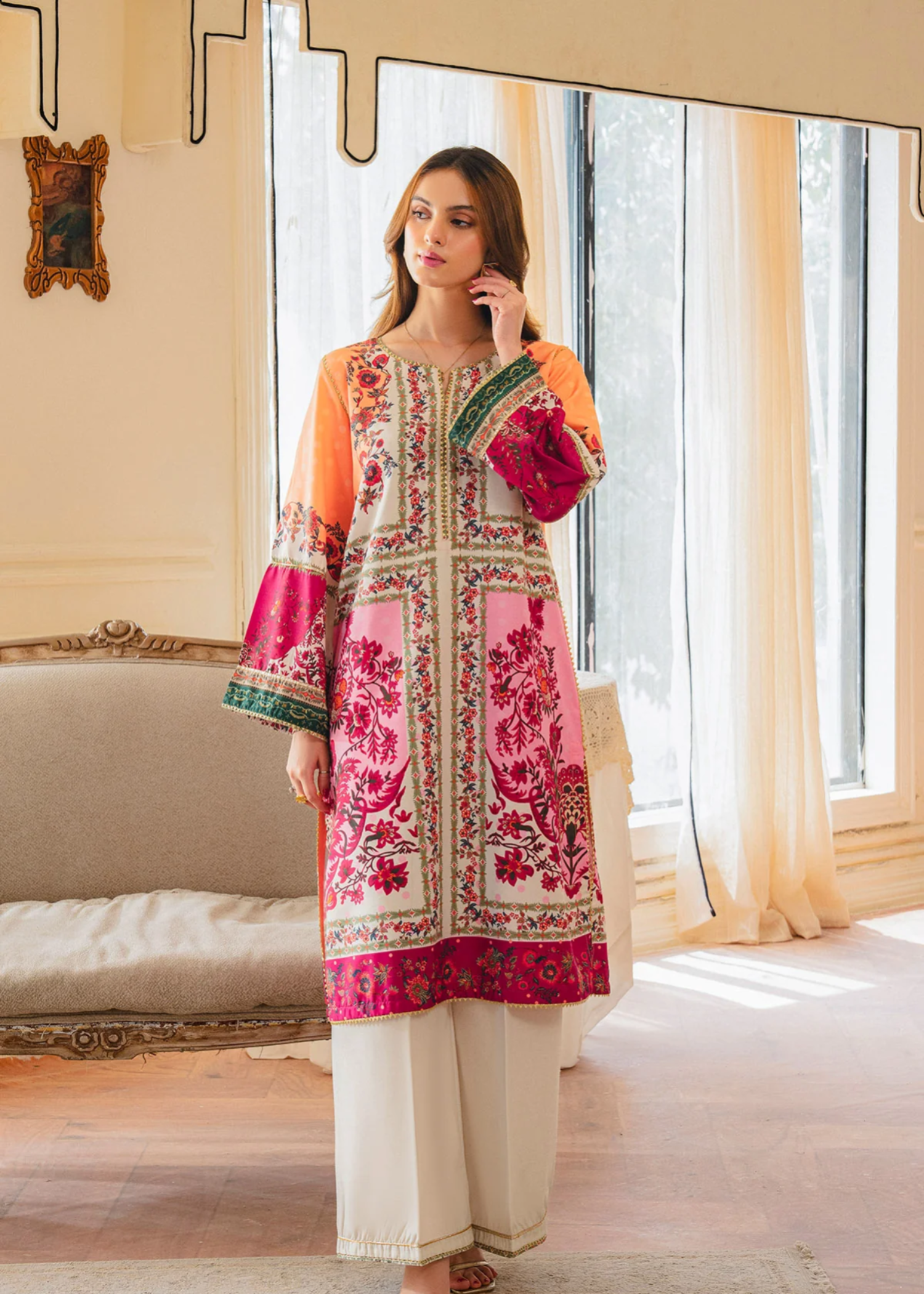 raw silk Kurta Set in Coral orange, bubblegum pink, red