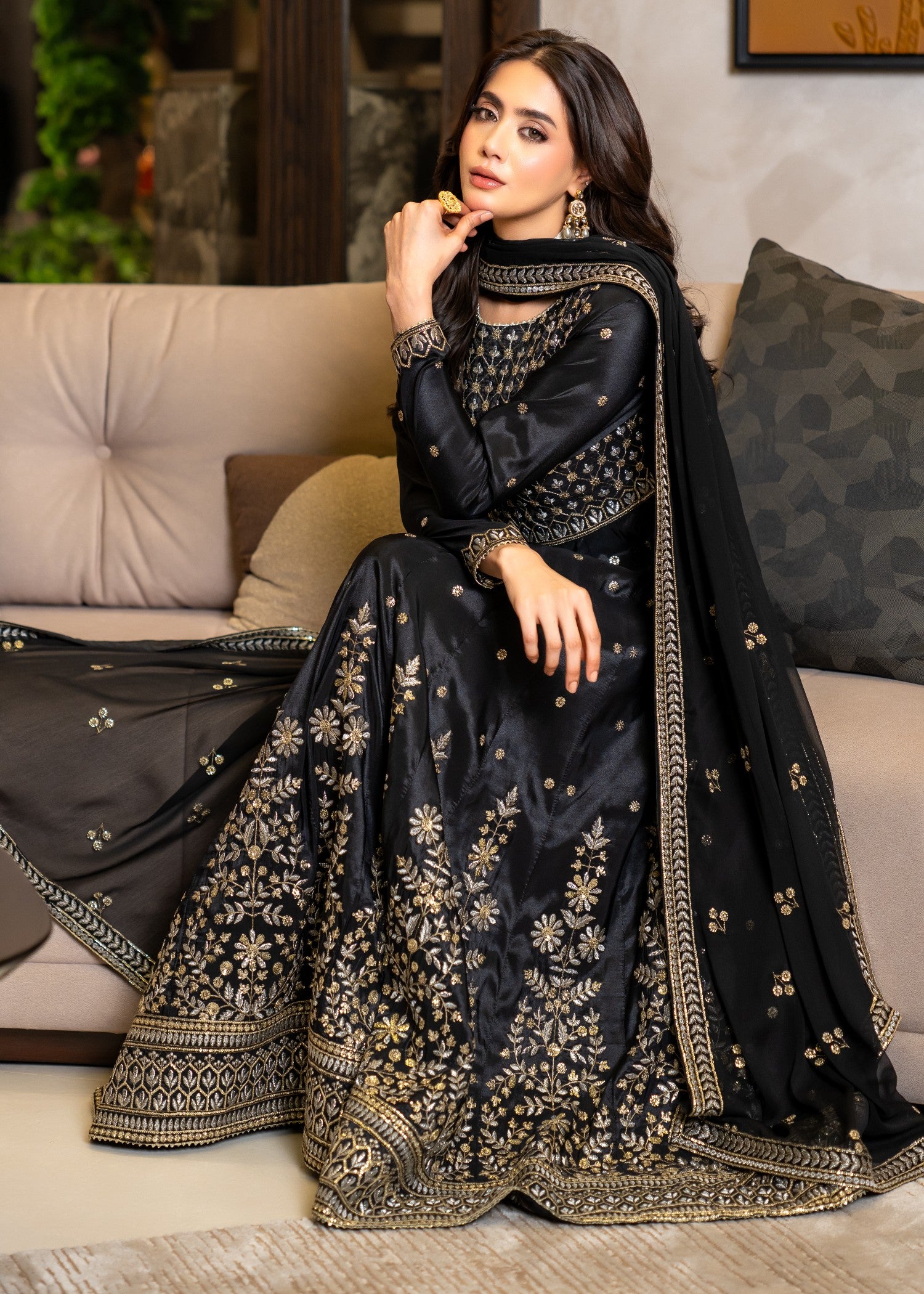 kattan silk Anarkali in Black