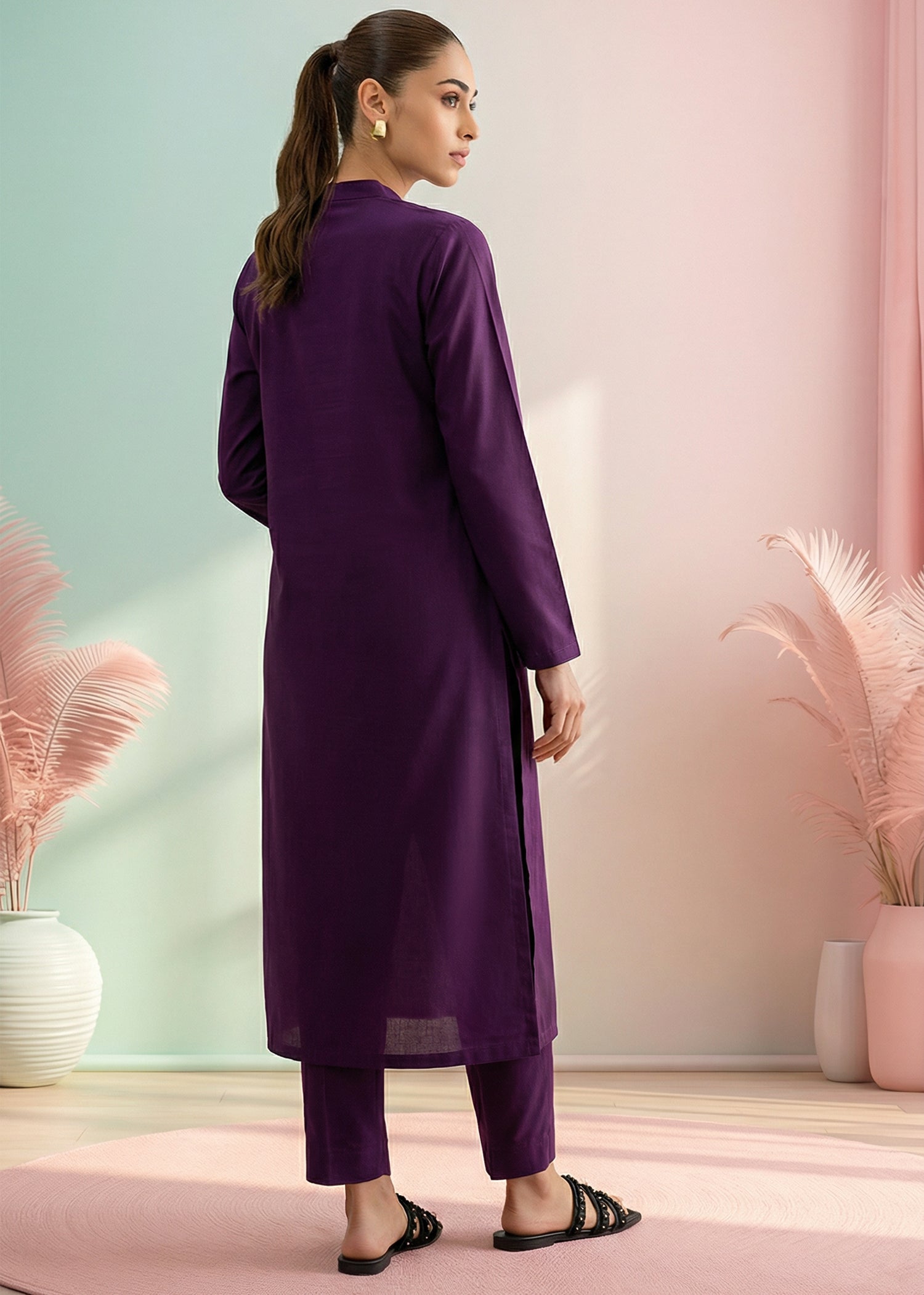 slub lawn Kurta Set in Royal purple