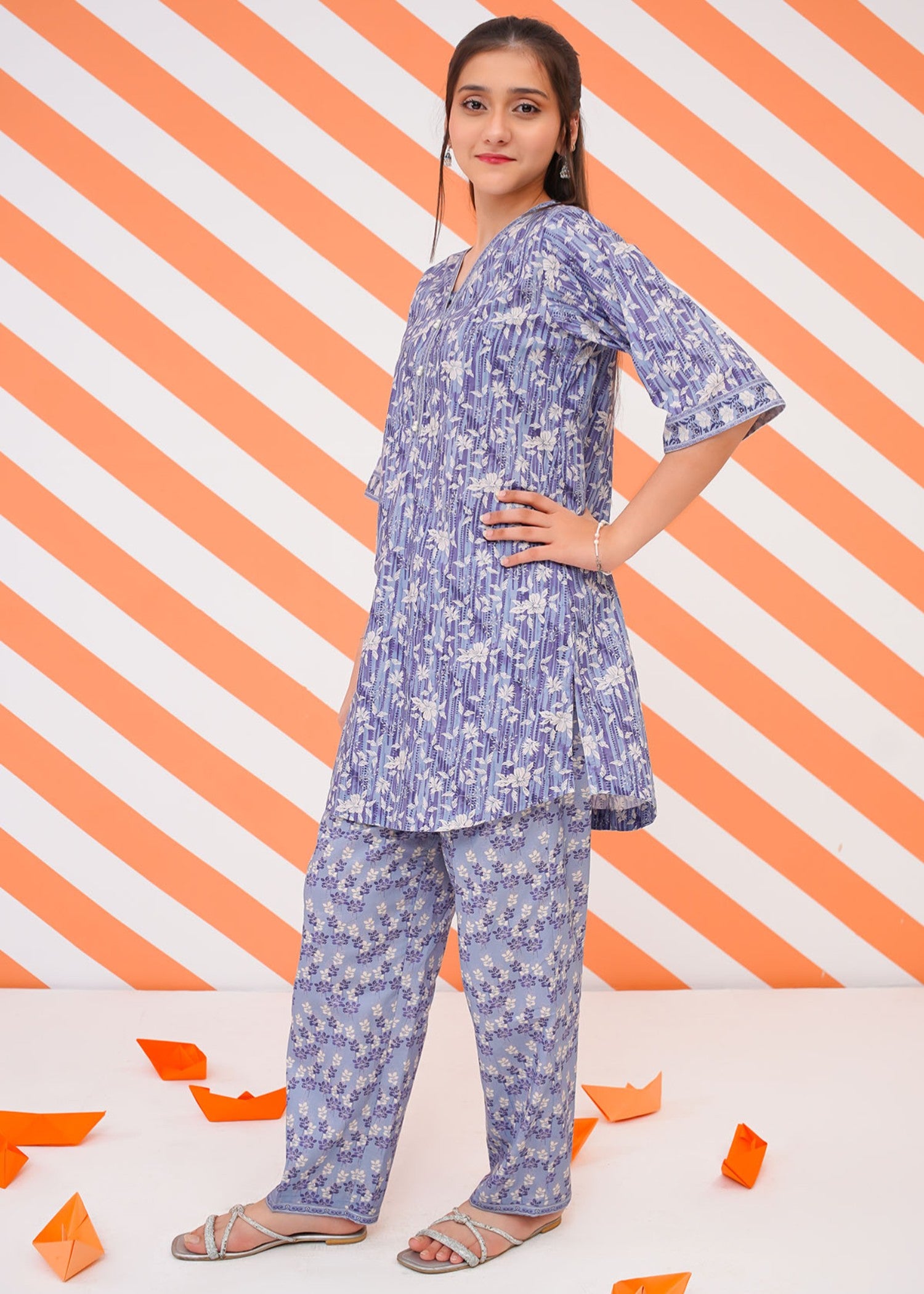 lawn cotton Kurta Set in Denim