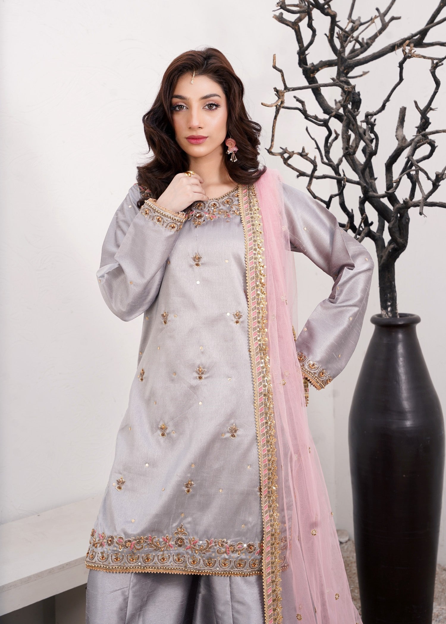 tussar silk Sharara in Pastel grey