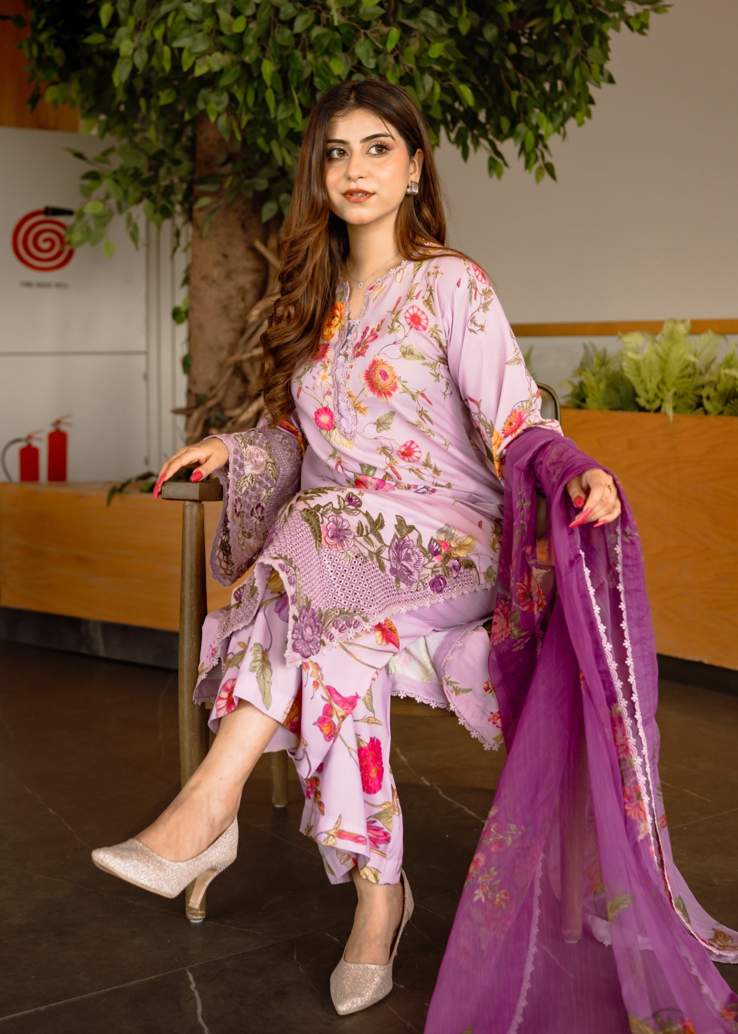 poly lawn Kurta Set in Lilac