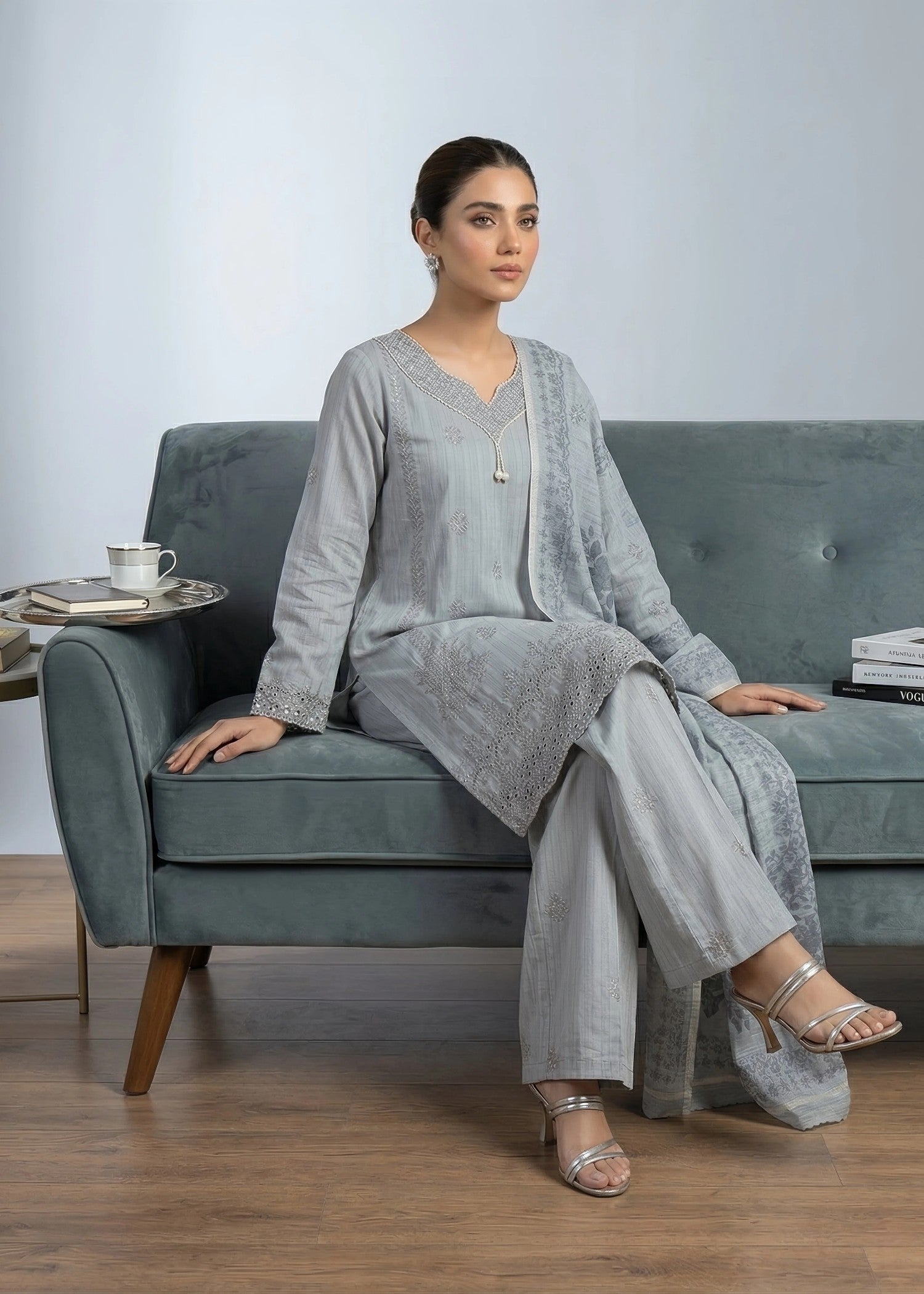 cambric cotton Kurta Set in Ash grey