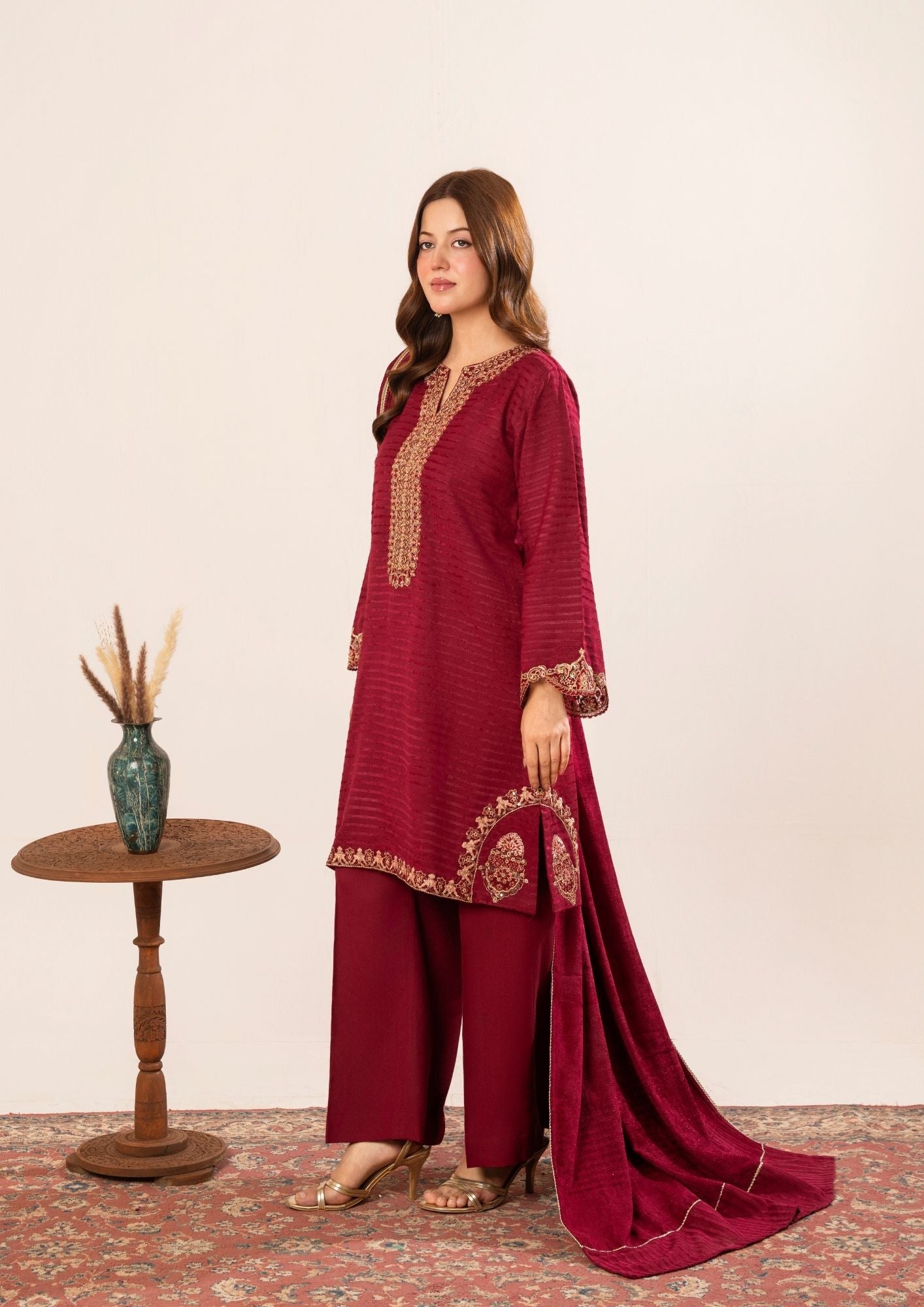 velvet jacquard Kurta Set in Maroon