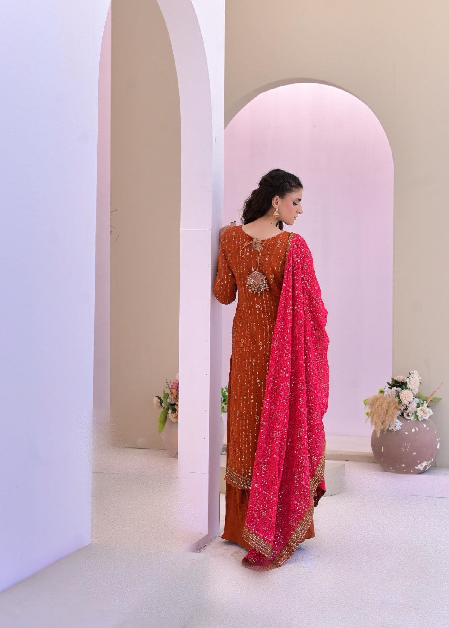 pk chiffon Kurta Set in Rust red