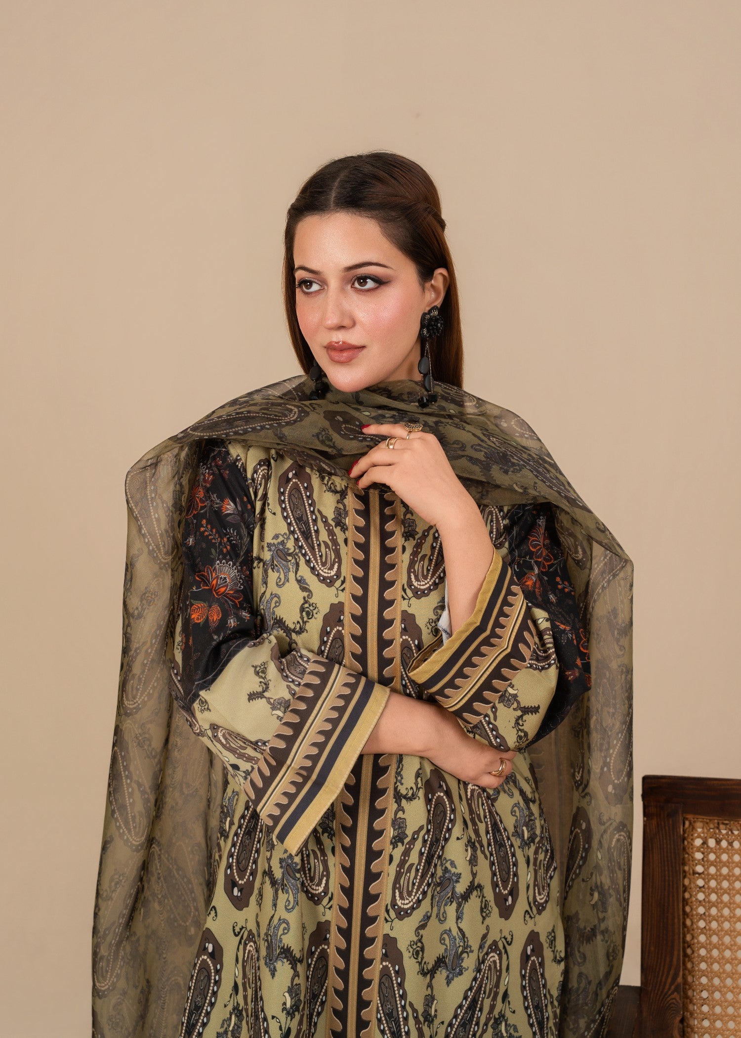 silk crepe Kurta Set in Olive green