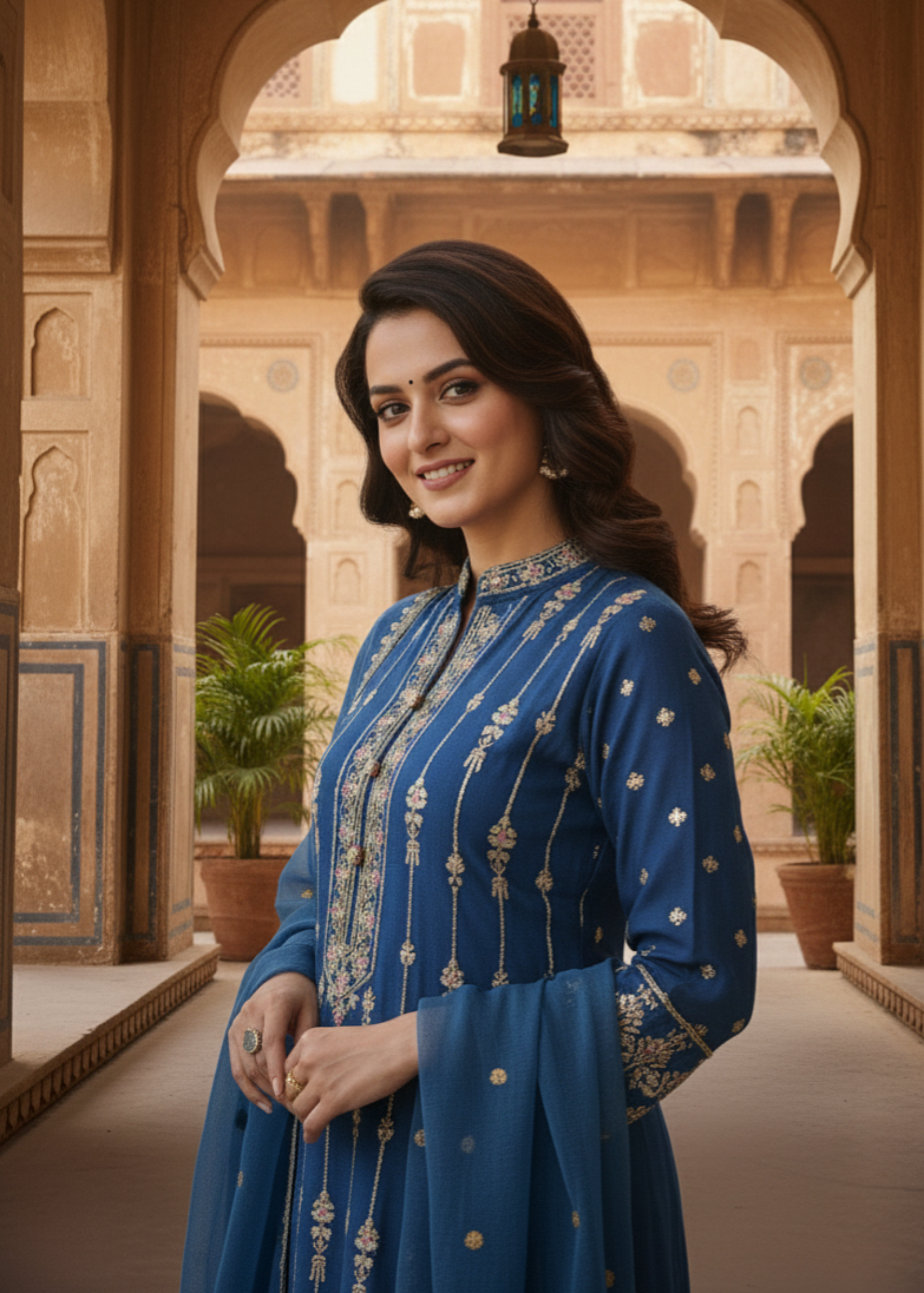 slub khaddar Kurta Set in Navy blue