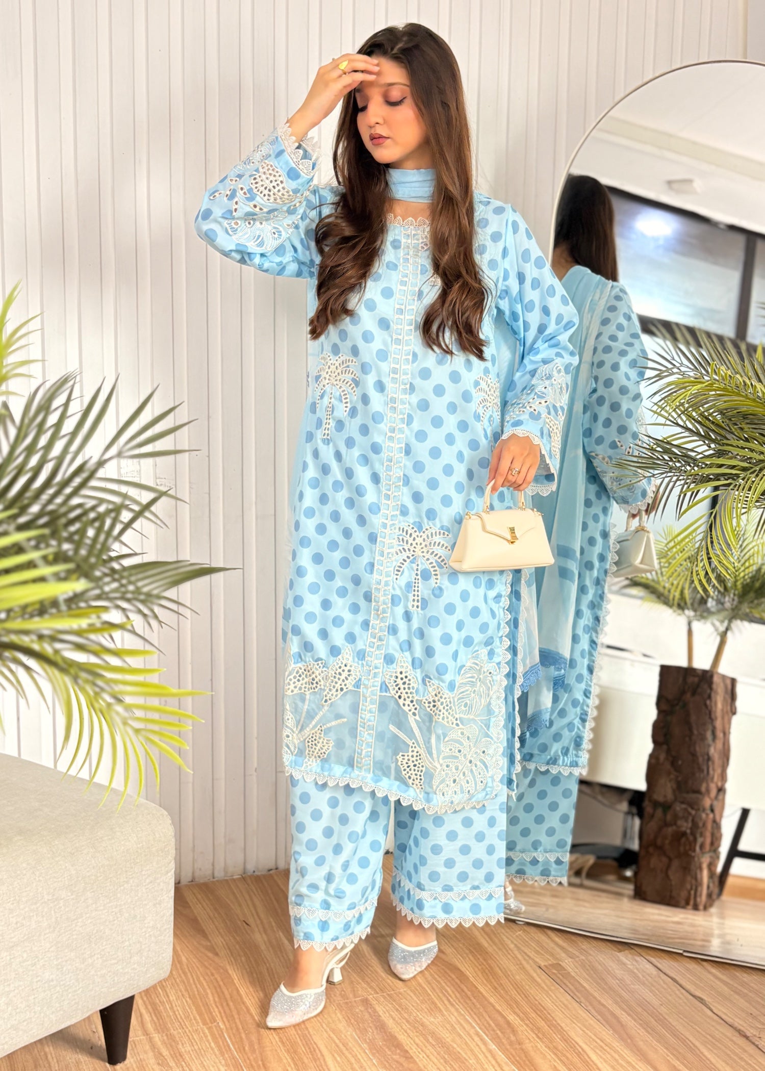 lawn Kurta Set in Sky blue, white