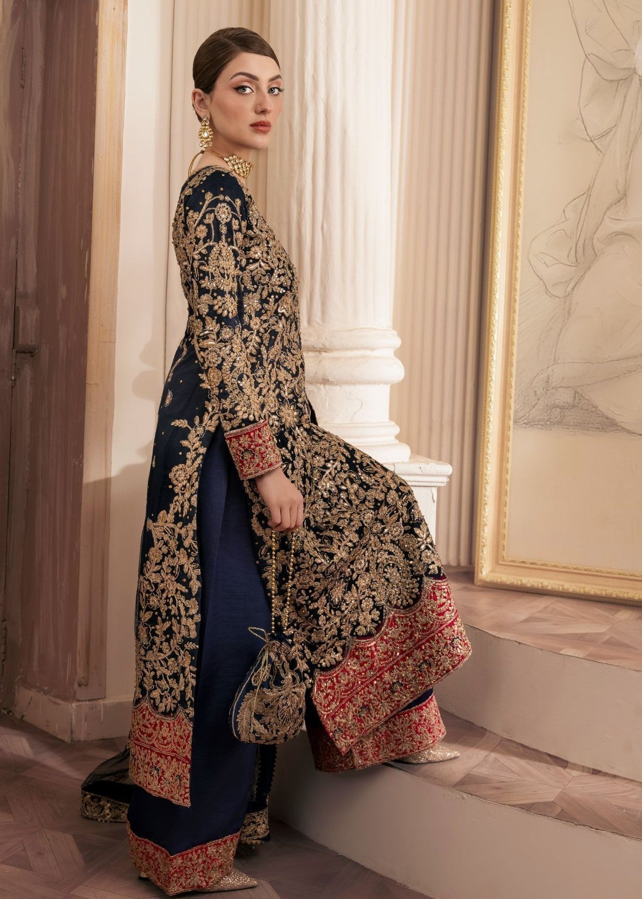 net Kurta Set in Navy blue