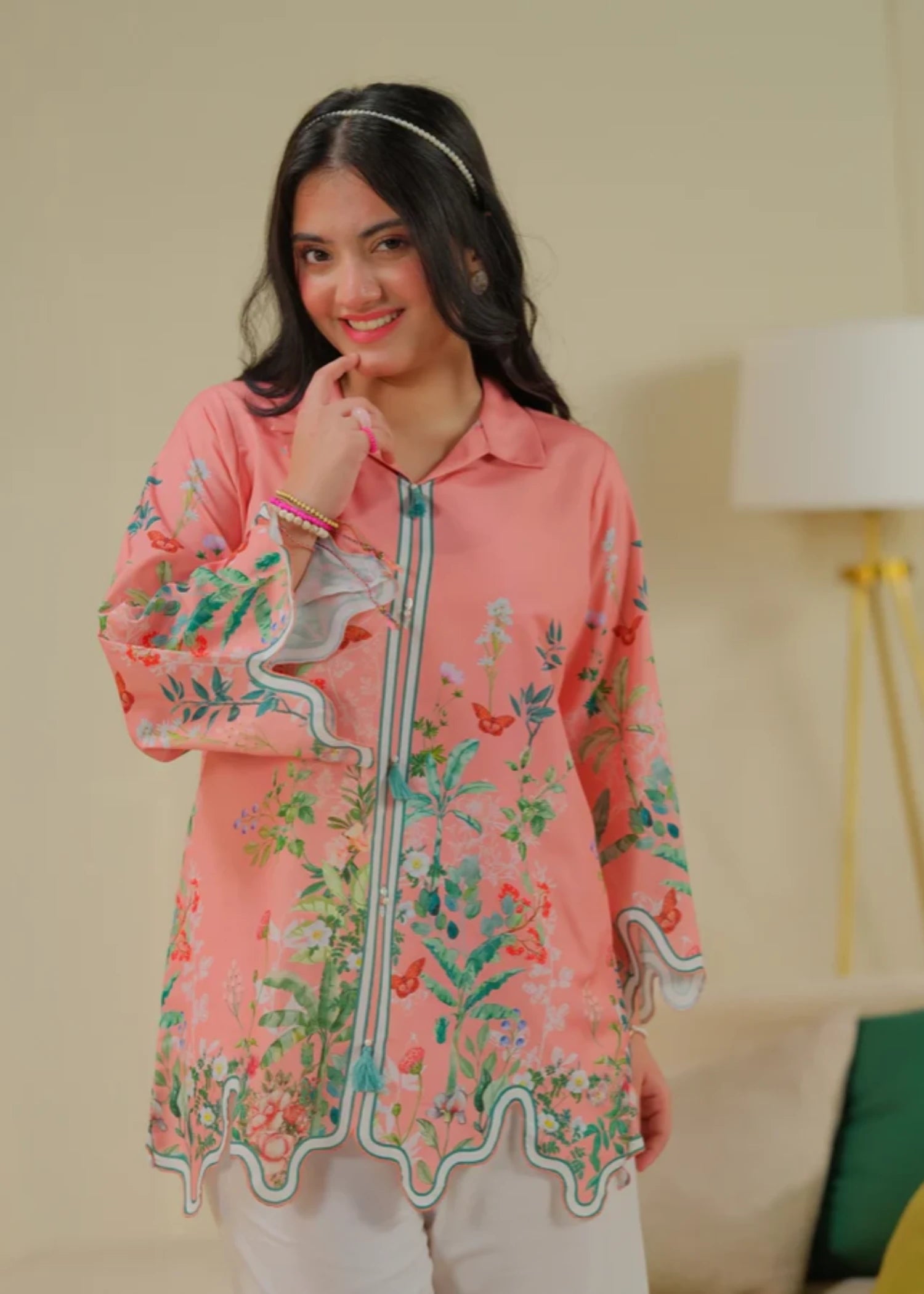 cambric Kurta Set in Peach pink