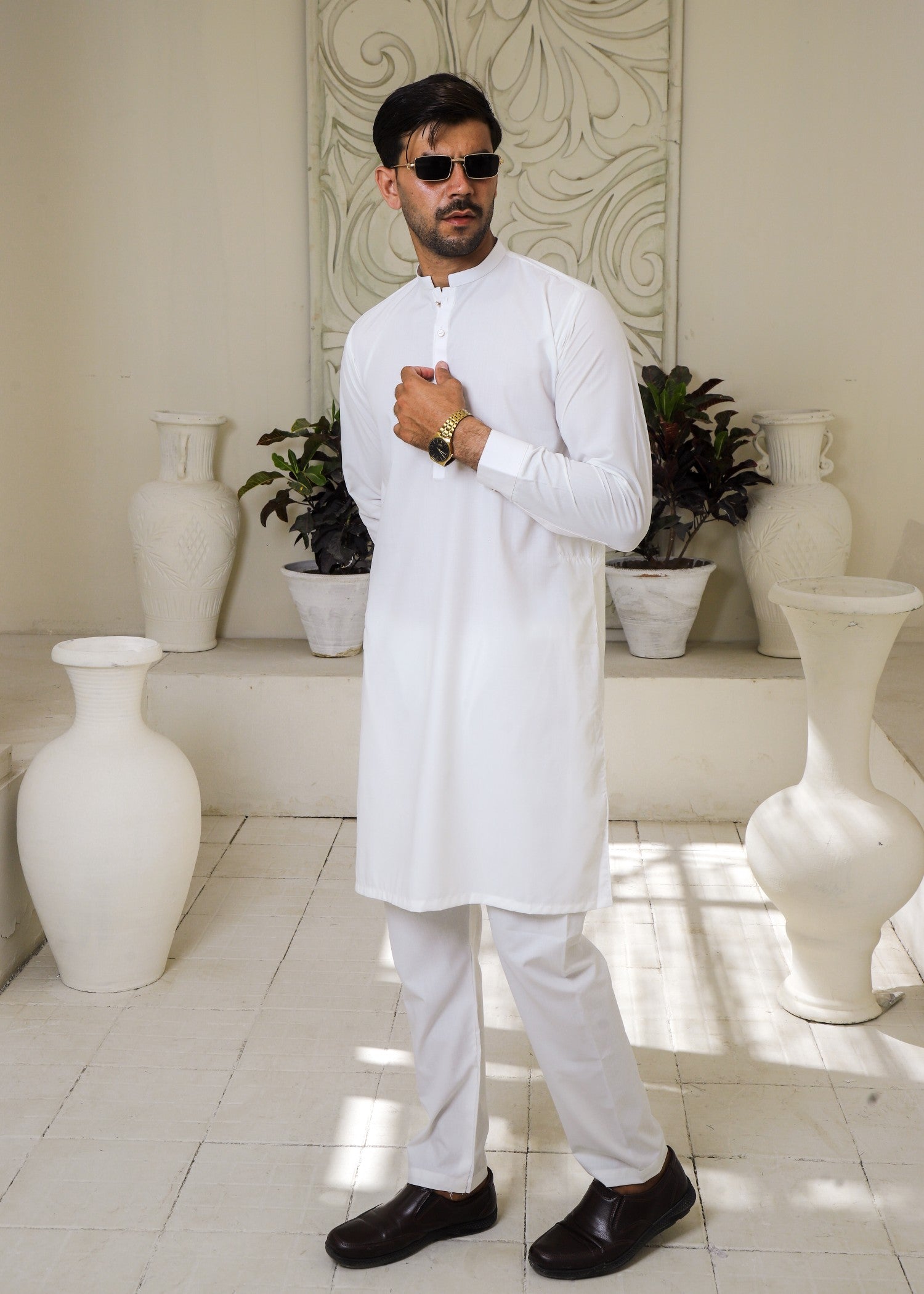 wash & wear Kurta Set in White by Hassan Jee Men