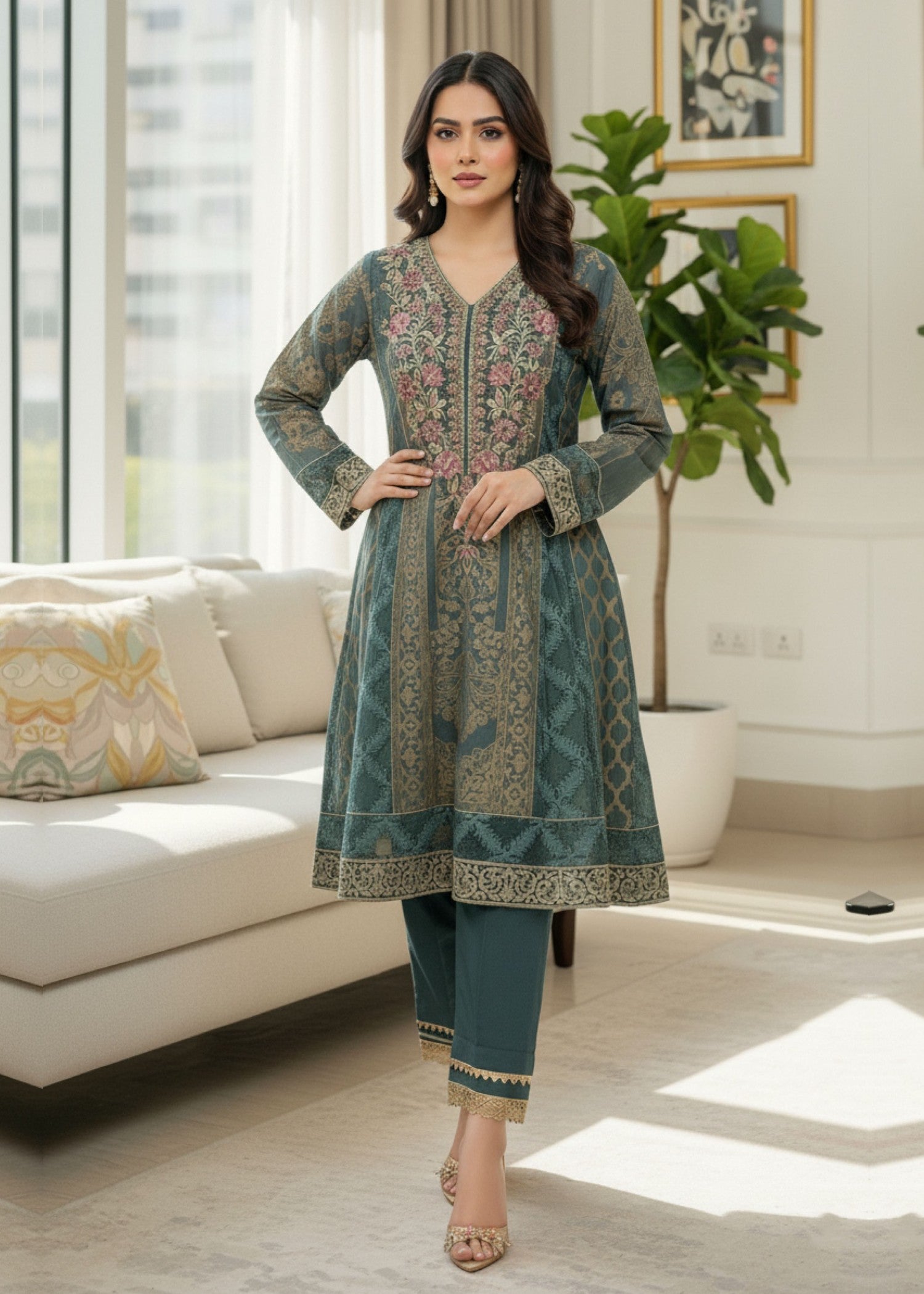 jacquard Short Frock in Green