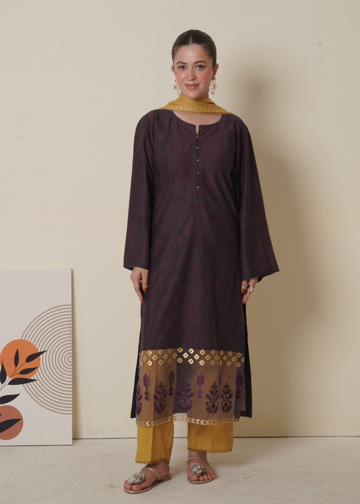 poly lawn Kurta Set in Plum purple