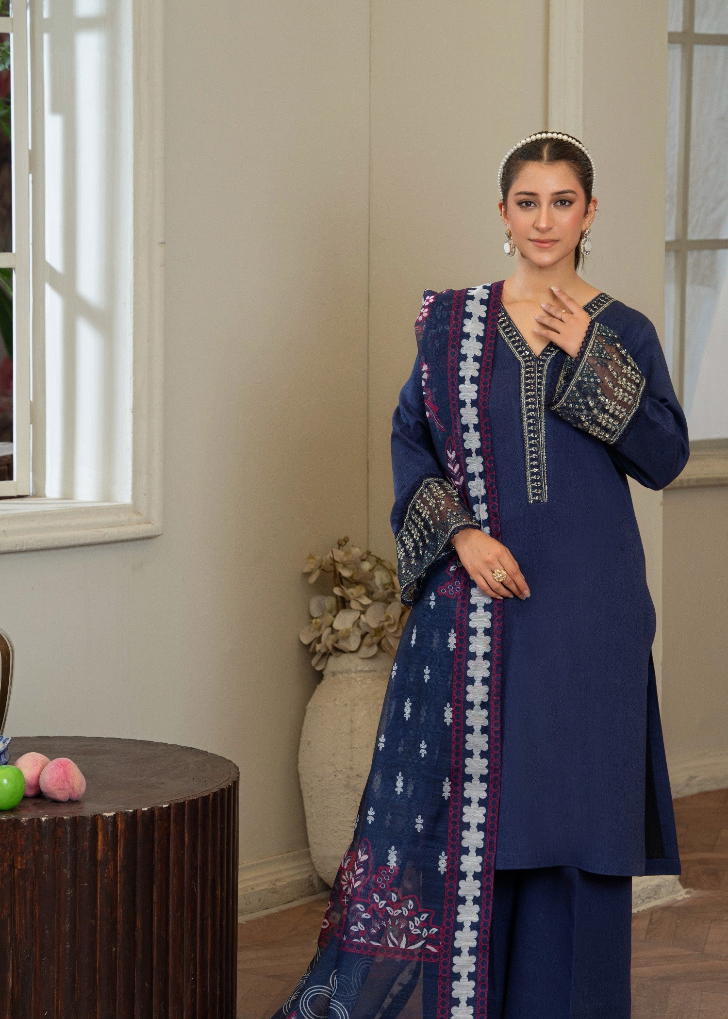lawn karandi Kurta Set in Blue jay
