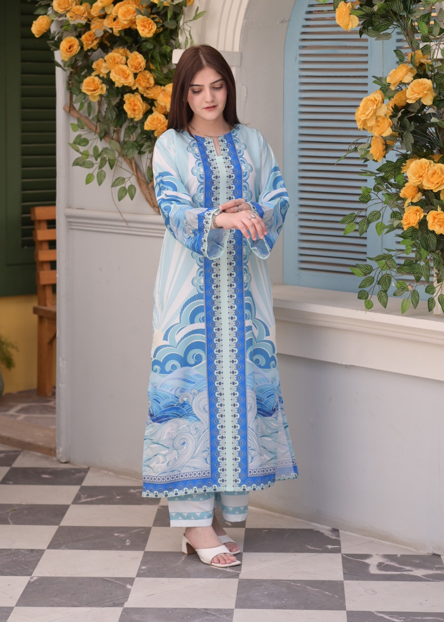 poly lawn Kurta Set in Electric blue