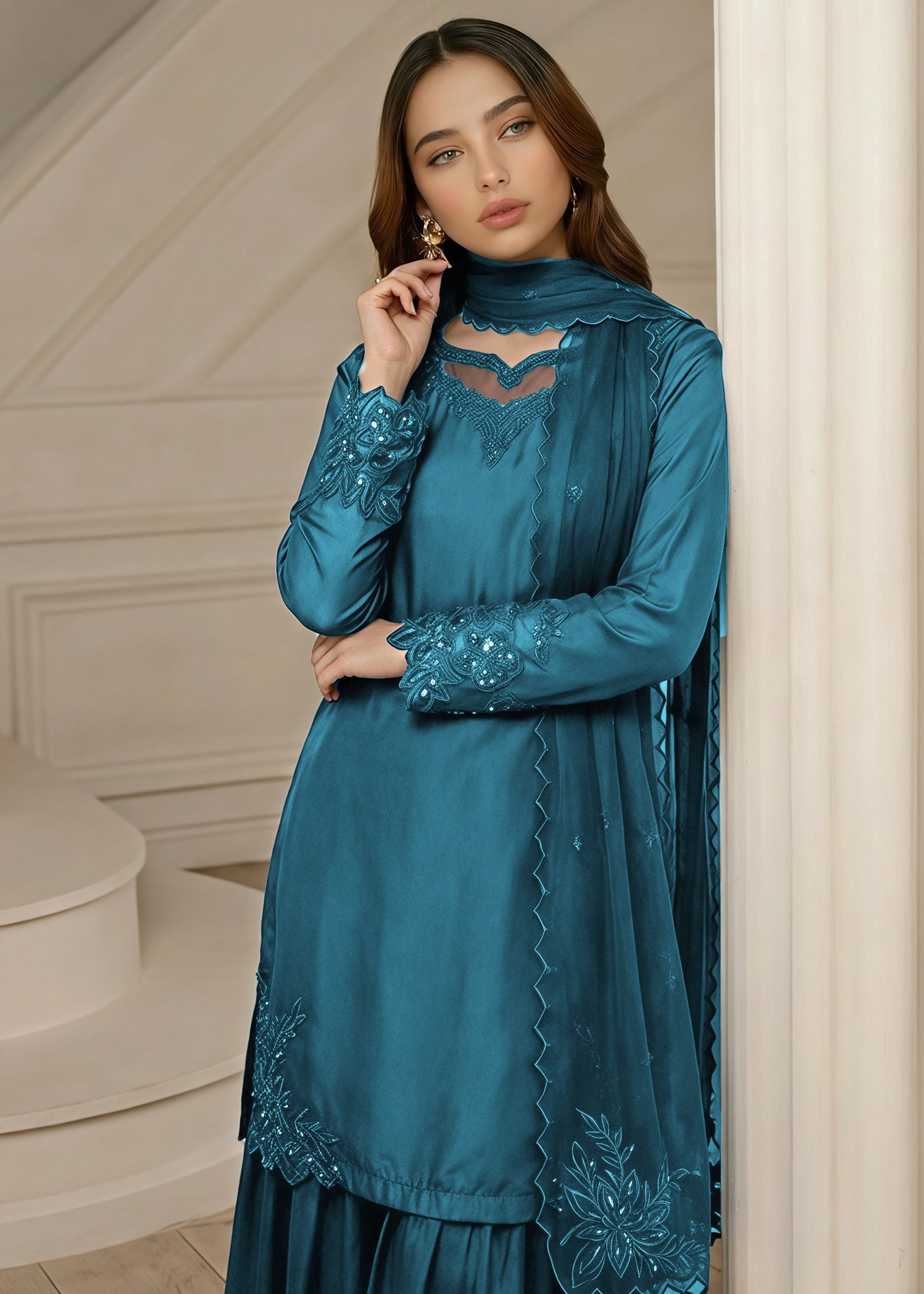 silk Sharara in Teal