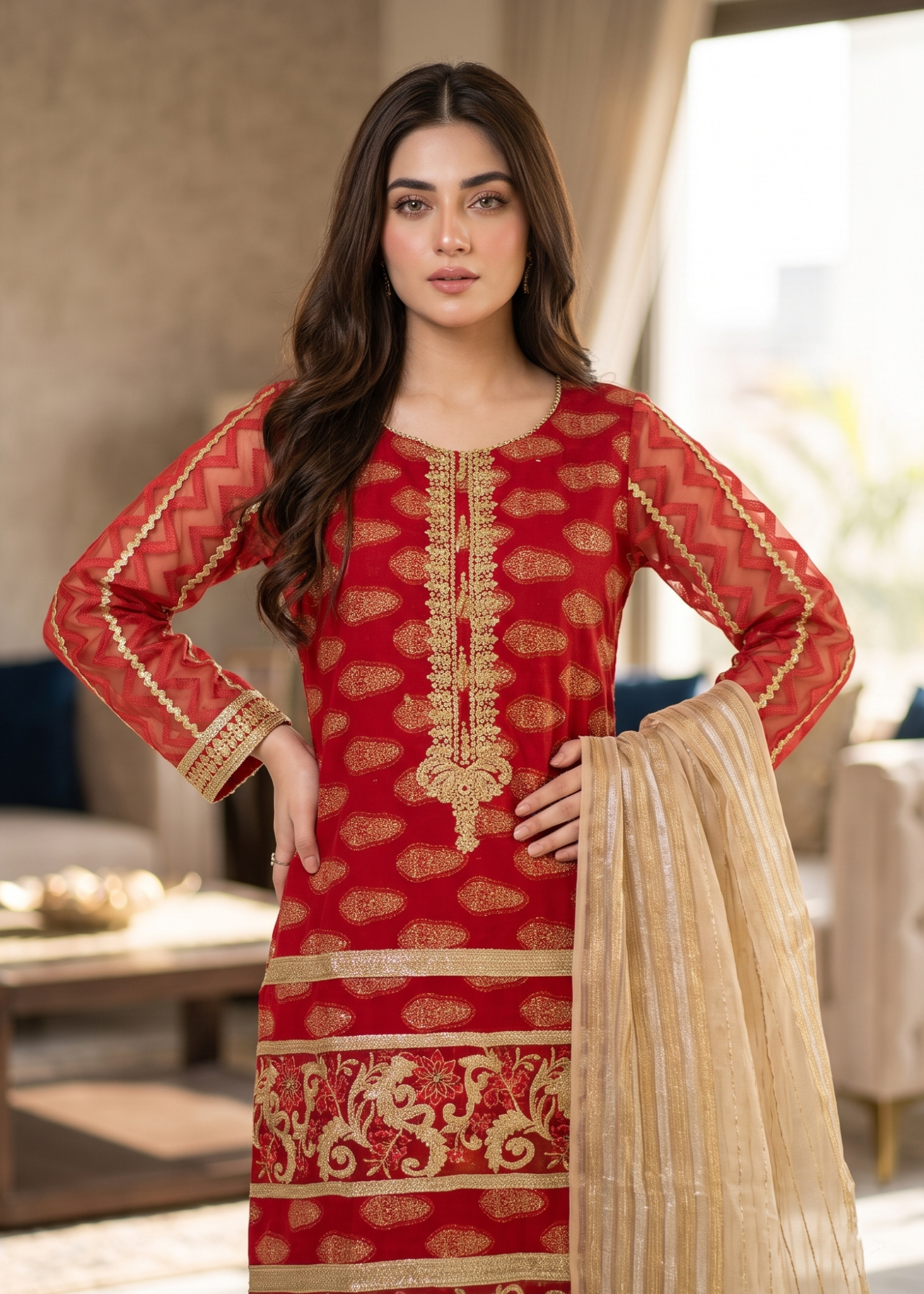 jacquard Kurta Set in Red