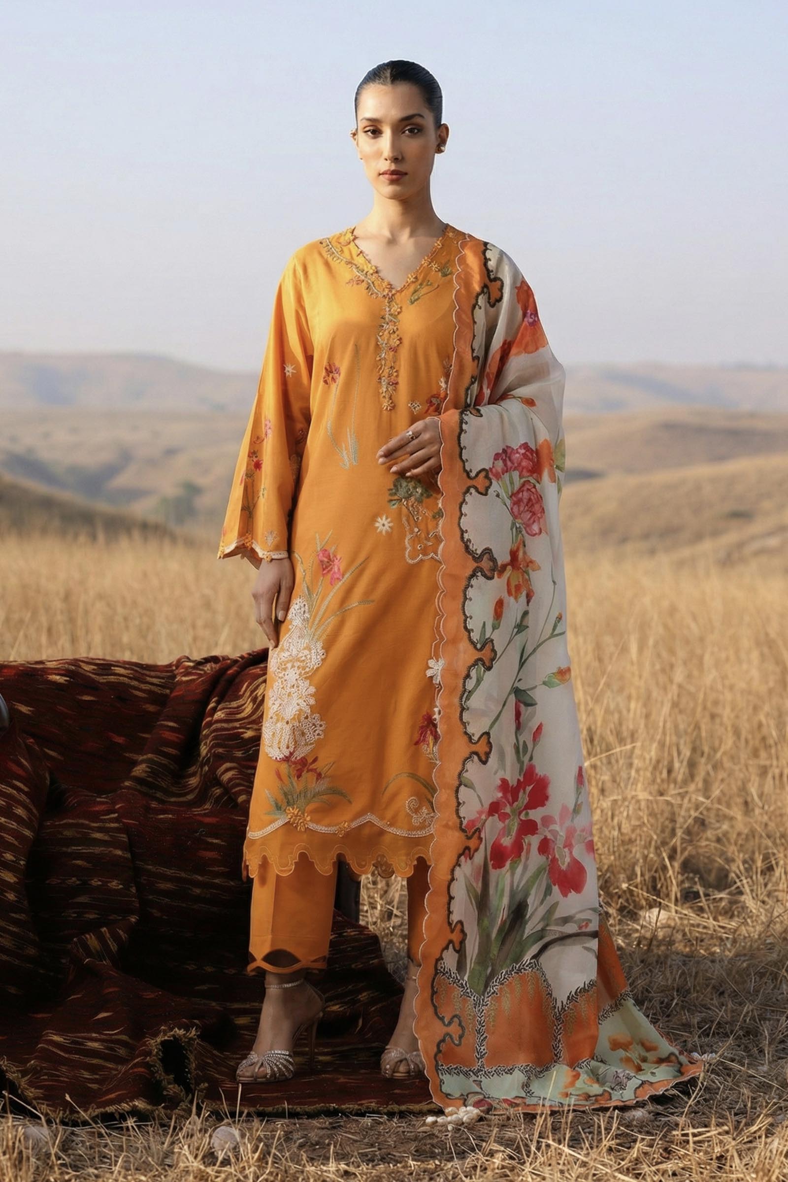 zari organza Unstitched in Copper orange