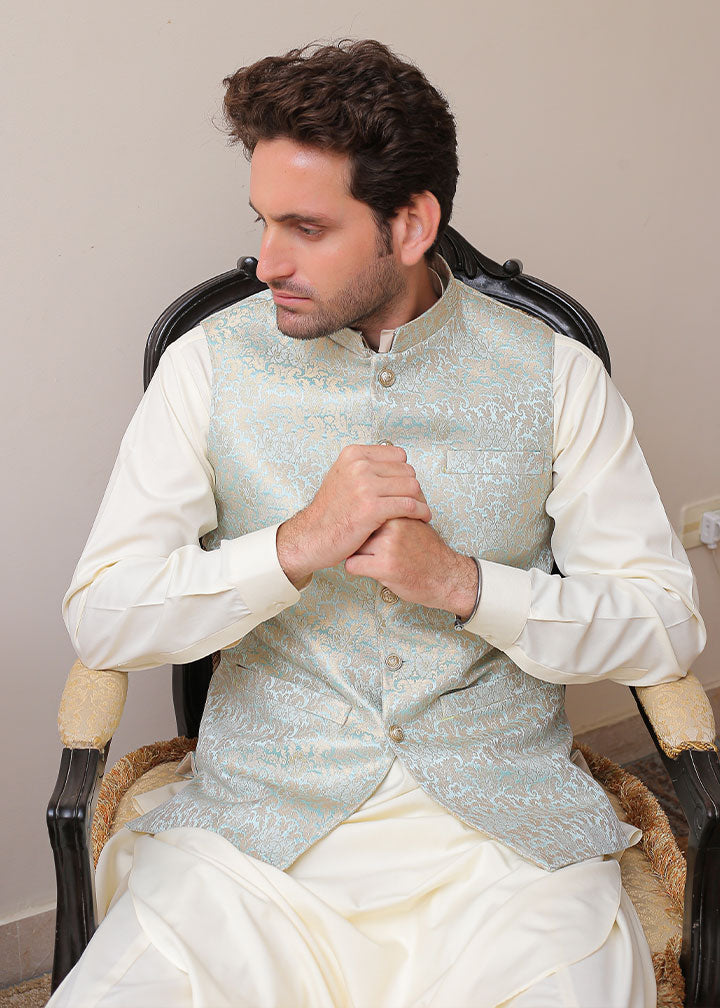banarsi silk Waistcoat in Sky blue