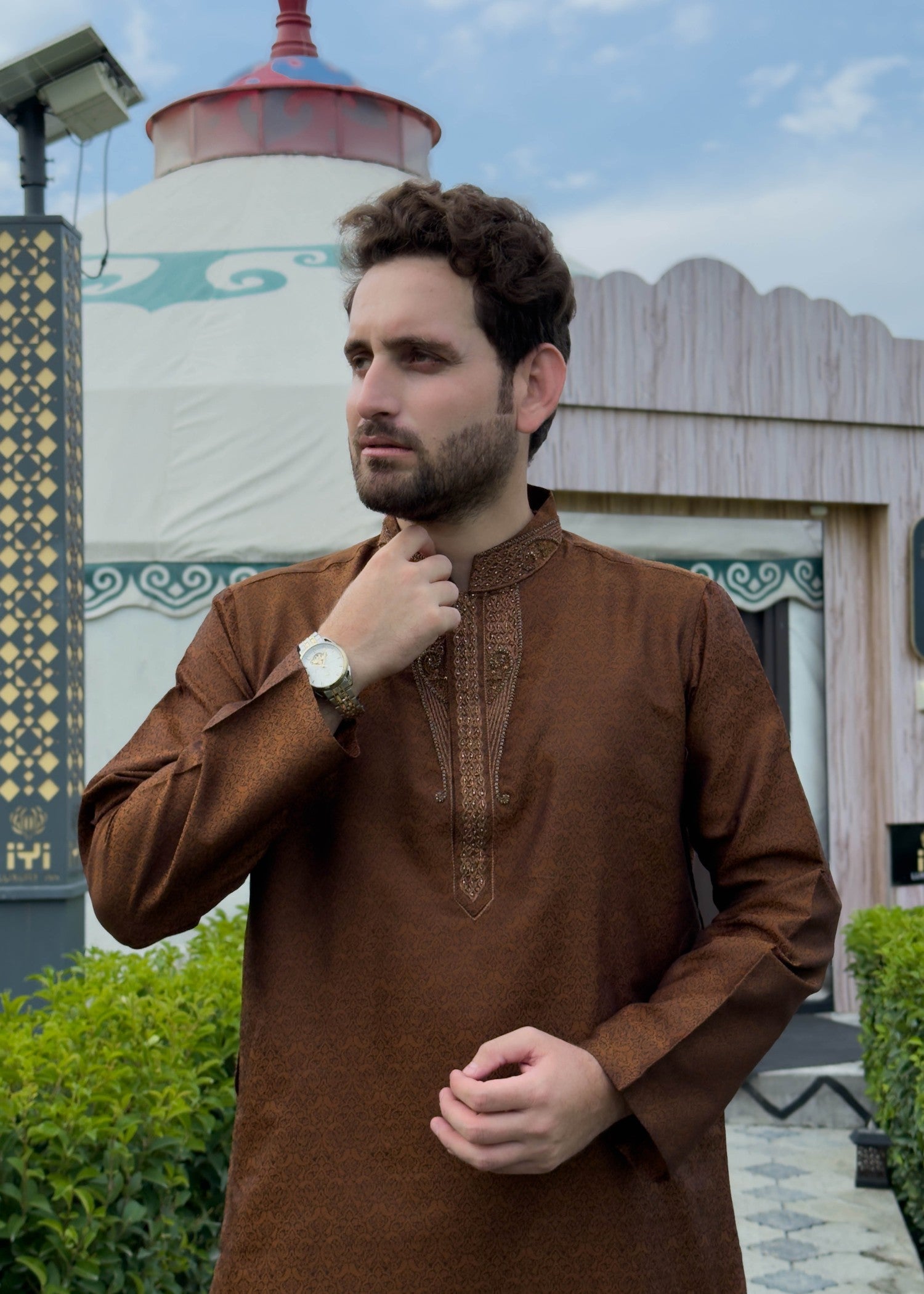 traditional jamawar Kurta in Hazelwood brown
