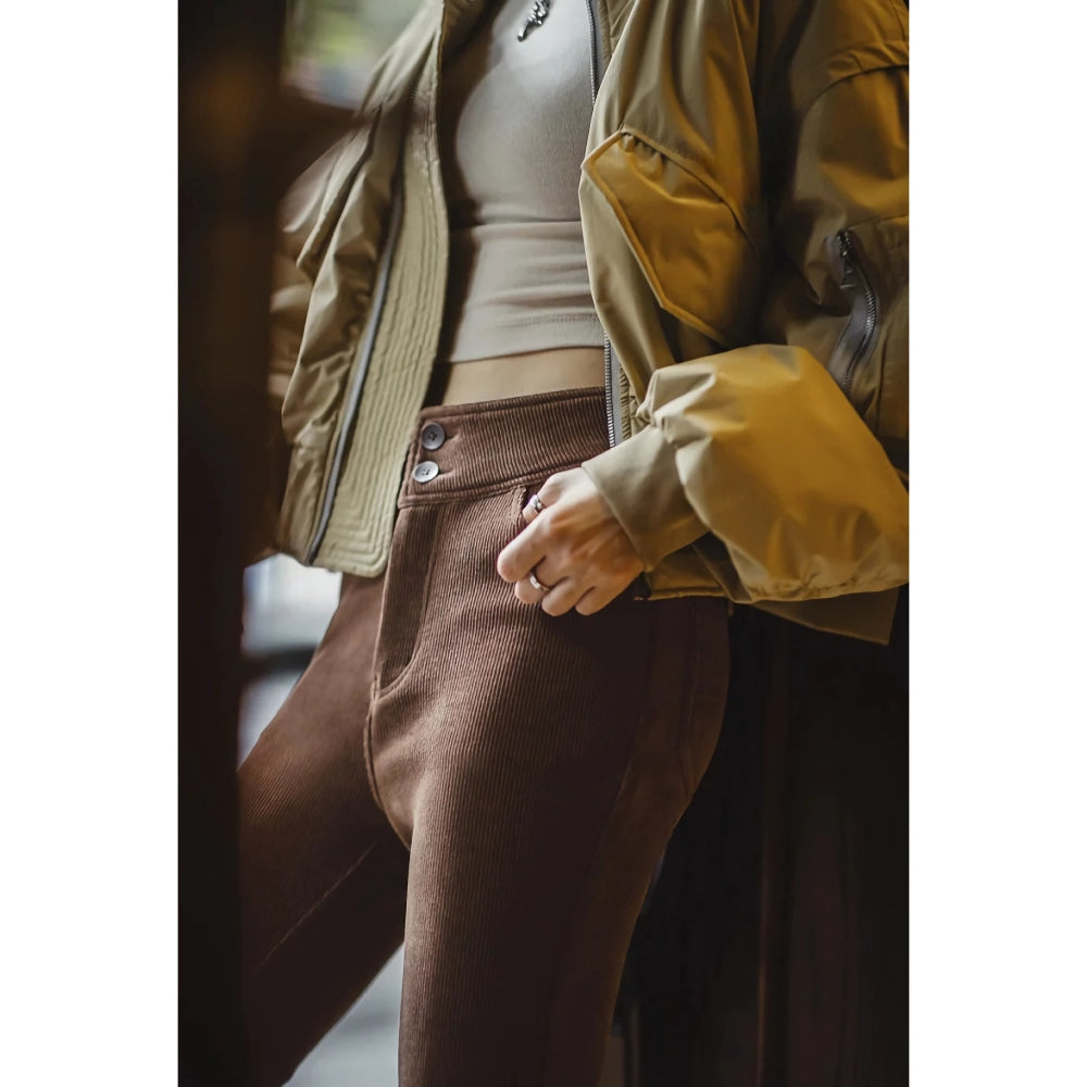 Women's Autumn Winter Vintage Split Elastic Flare Corduroy Pants