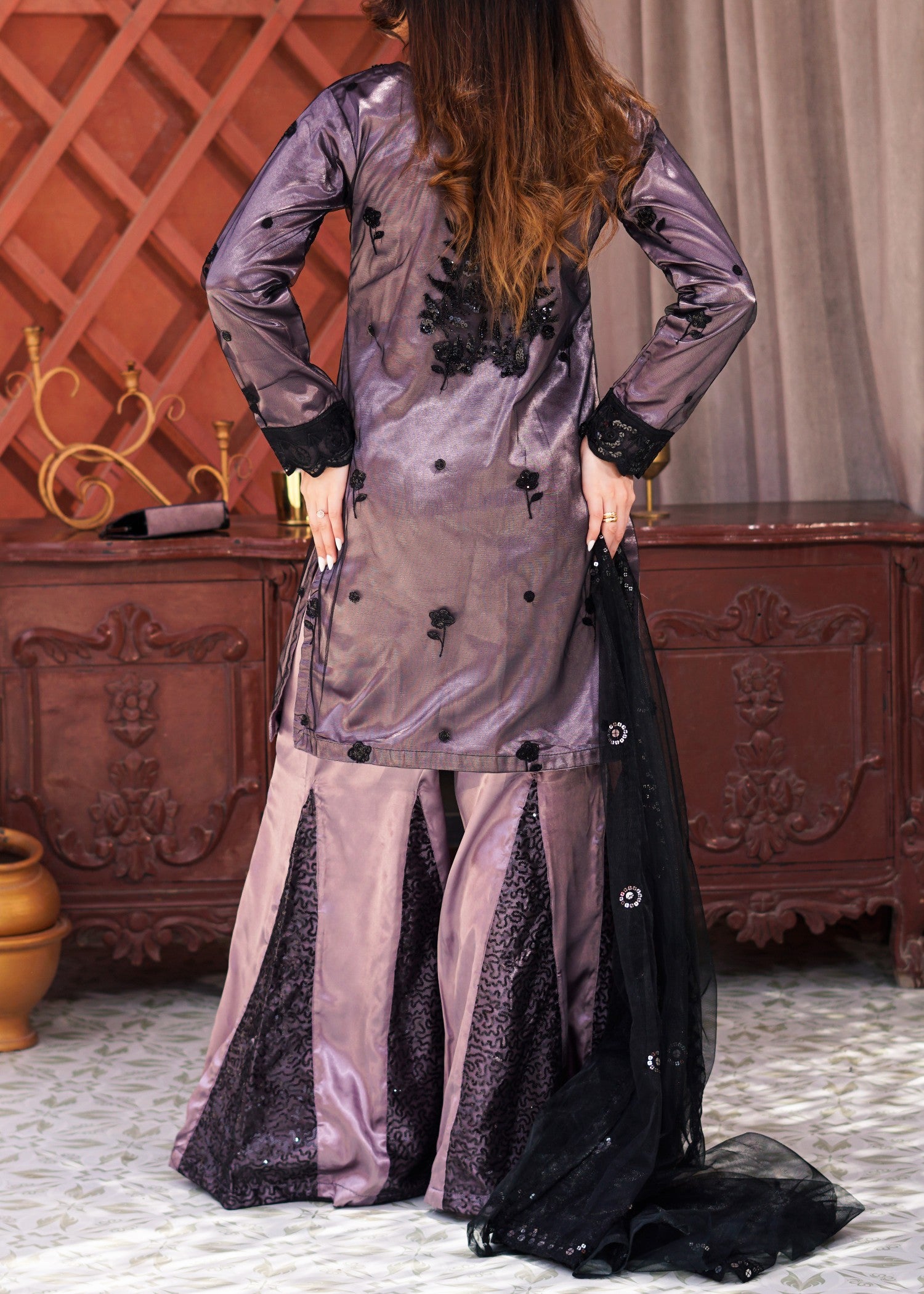 net Kurta Set in Sangria
