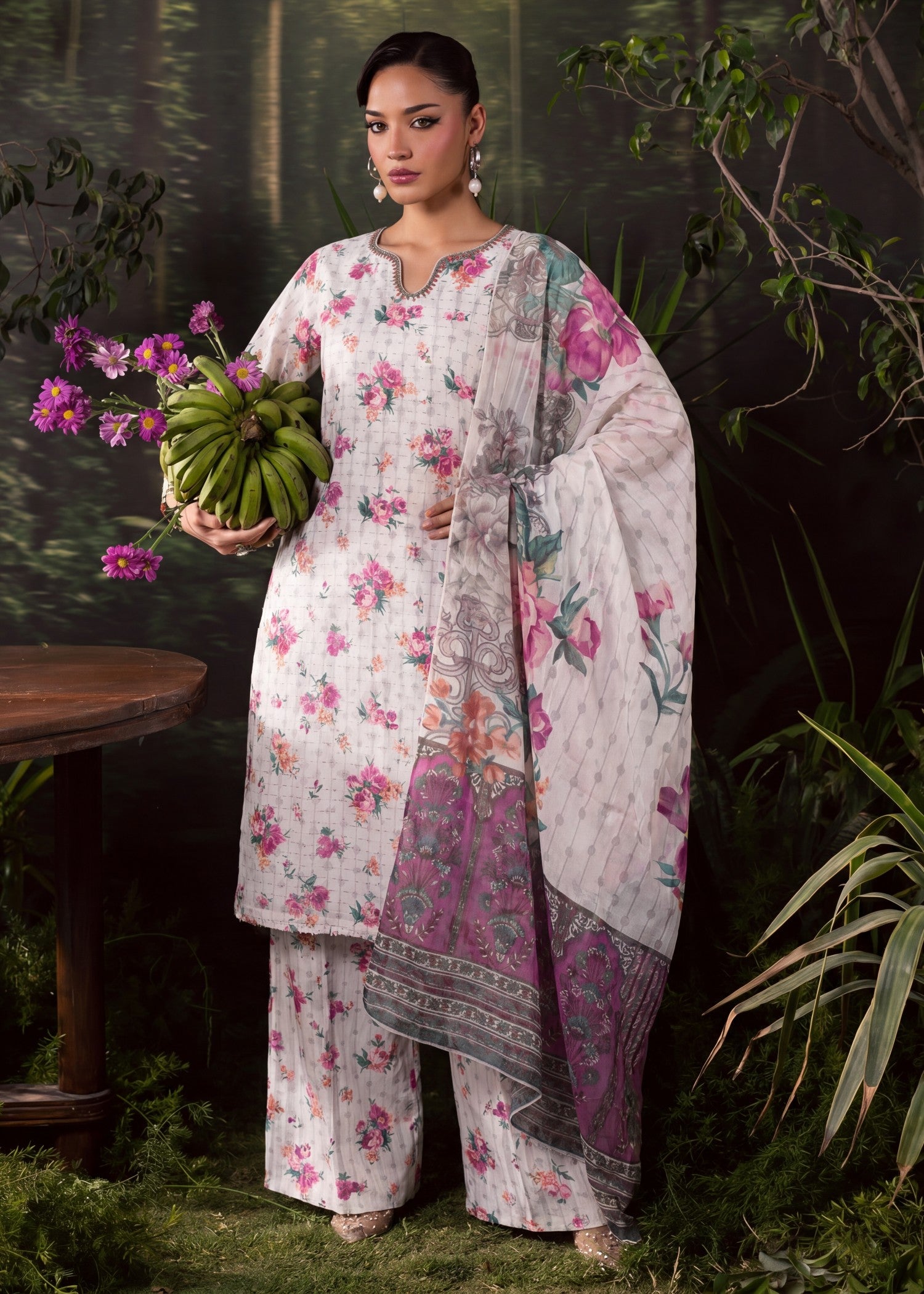 textured lawn Kurta Set in Ivory