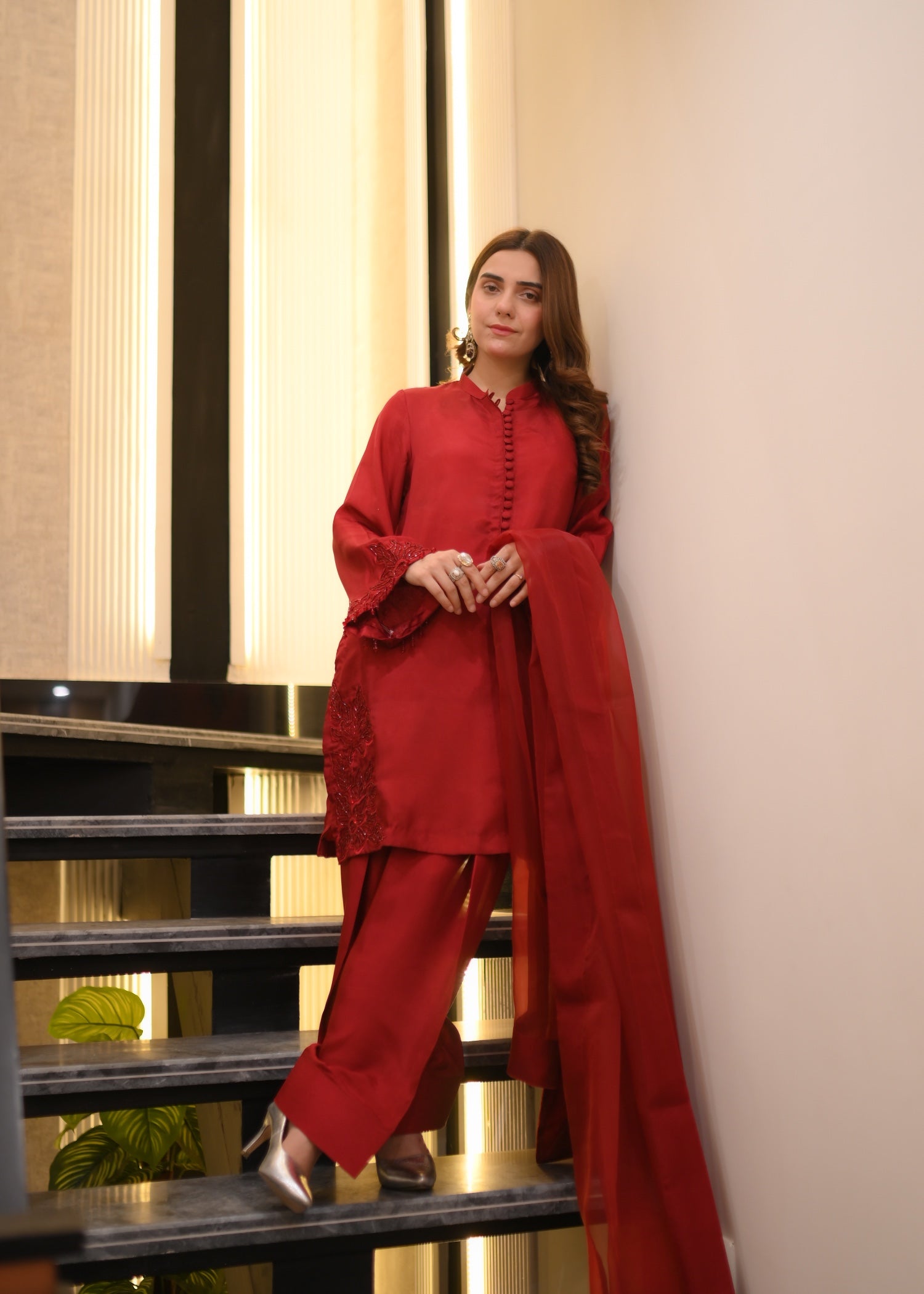 tussar silk Kurta Set in Spicy red