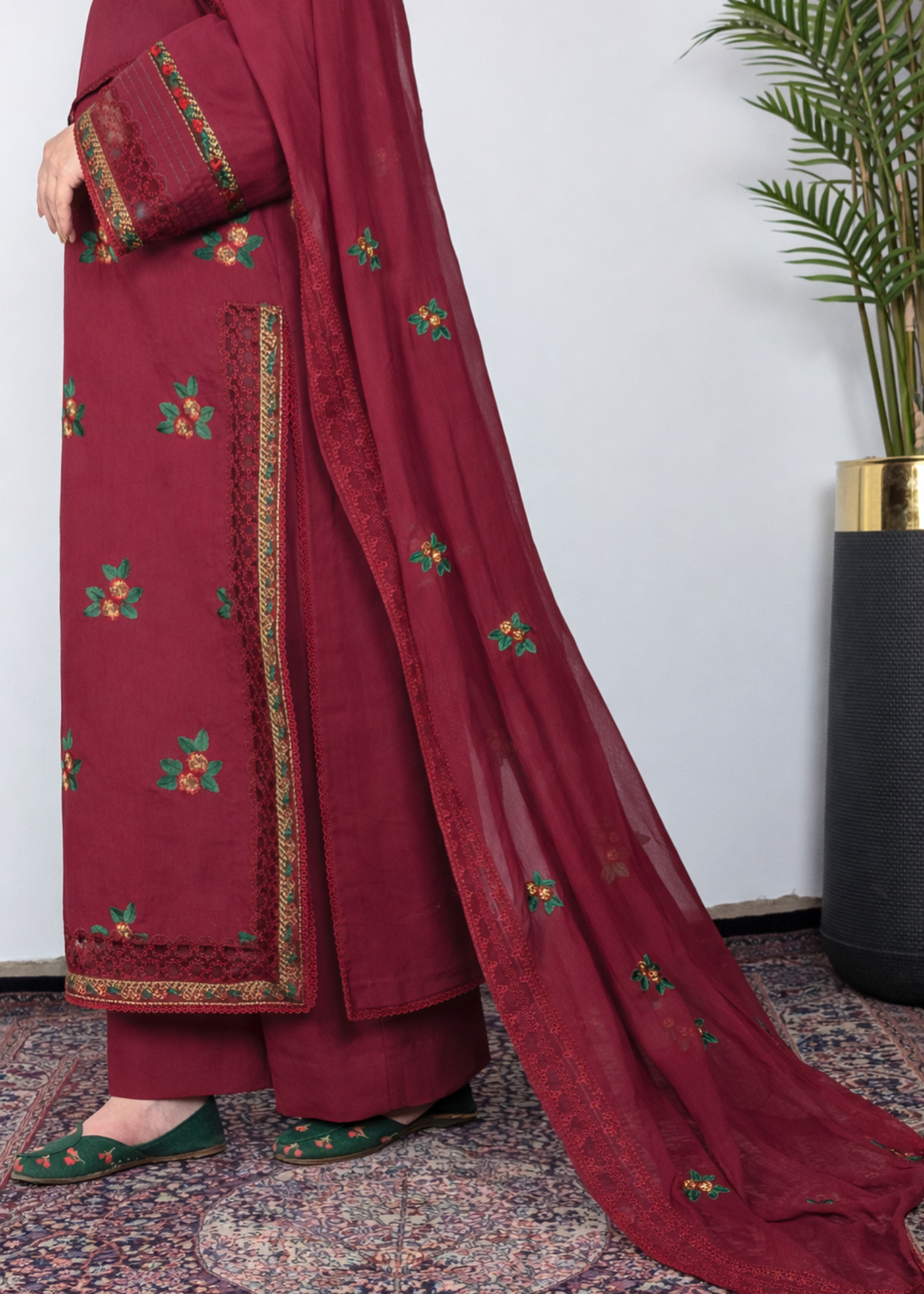 lawn cotton Kurta Set in Maroon