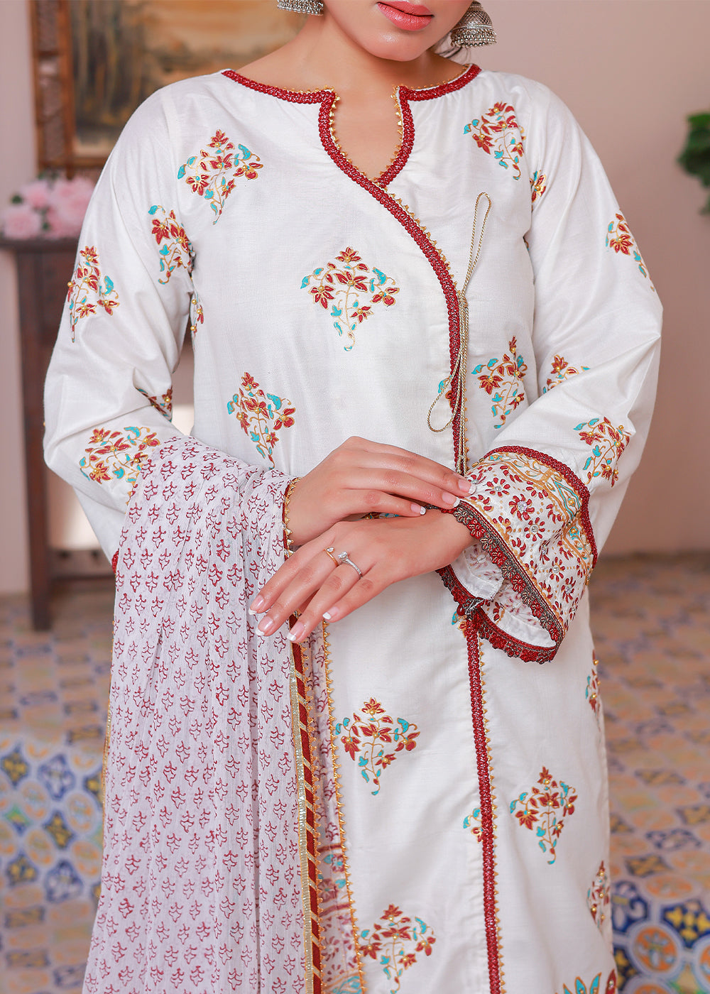 lawn Angrakha in White