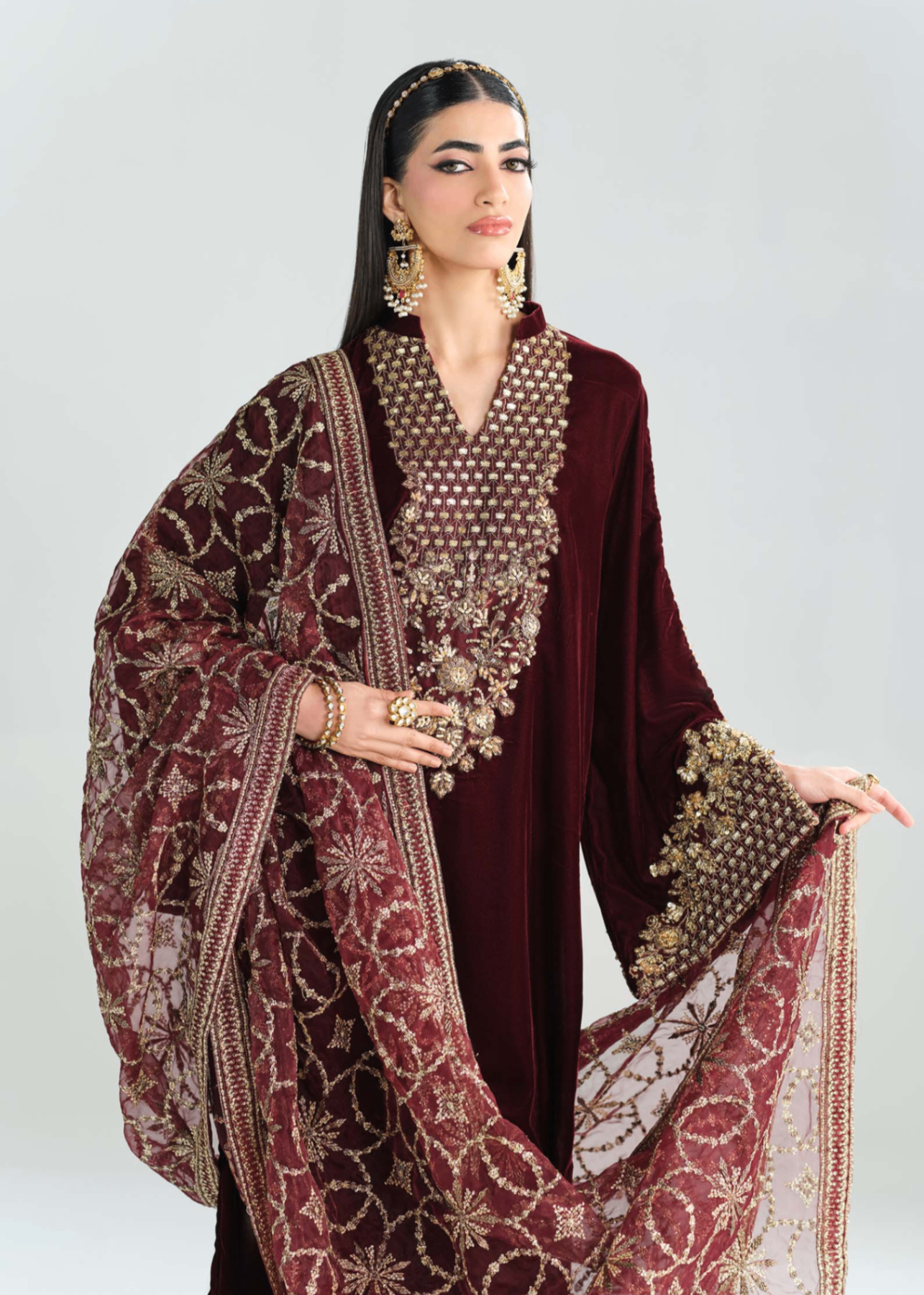 velvet Kurta Set in Blood red