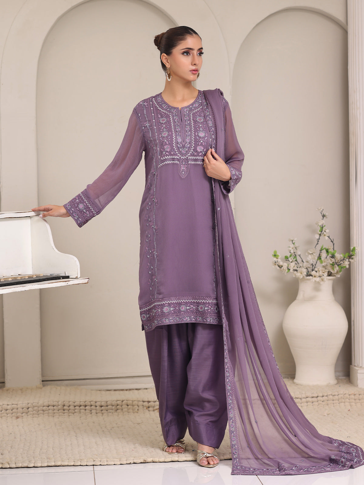 bemberg crinkle chiffon Kurta Set in Mauve