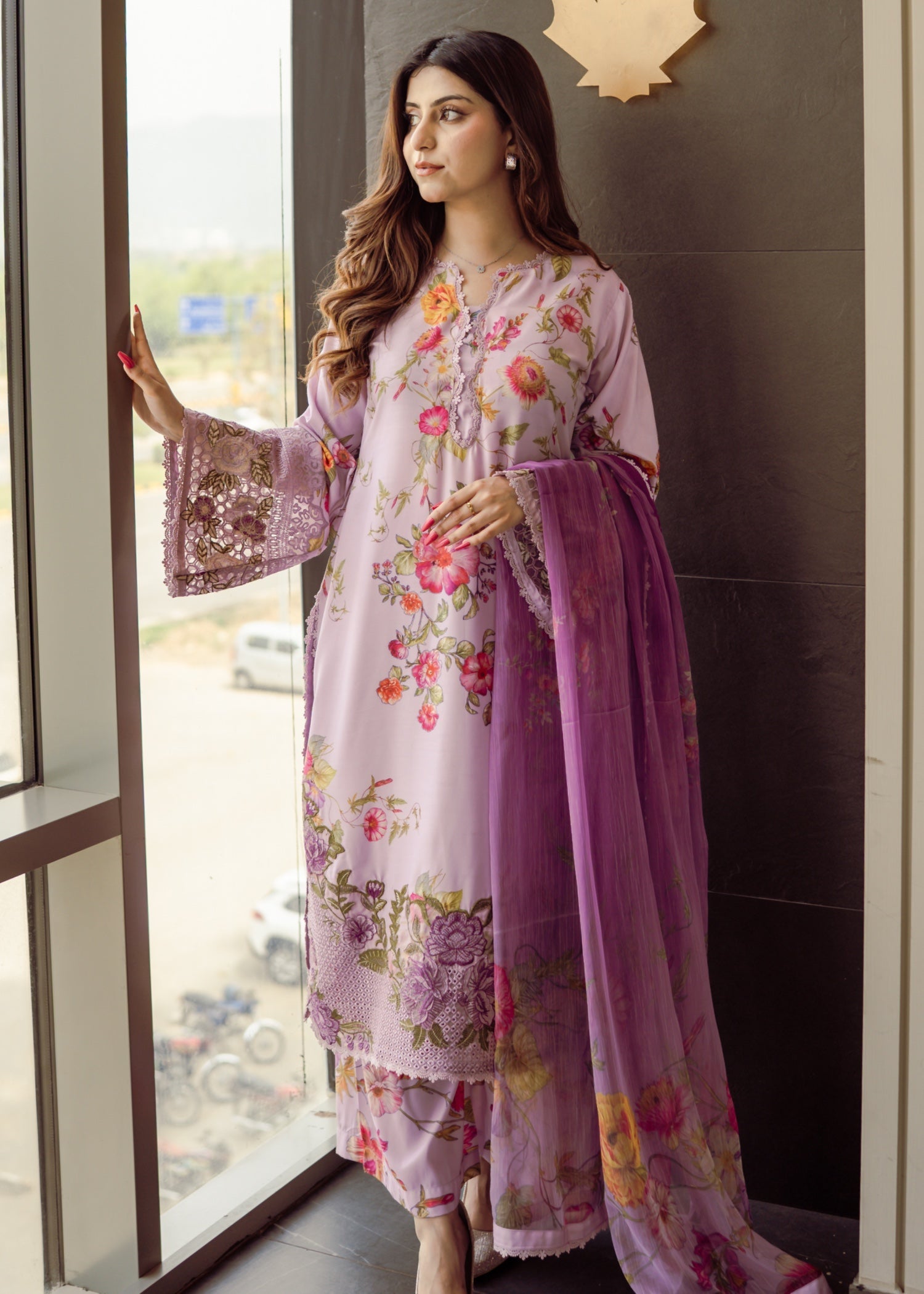 poly lawn Kurta Set in Lilac